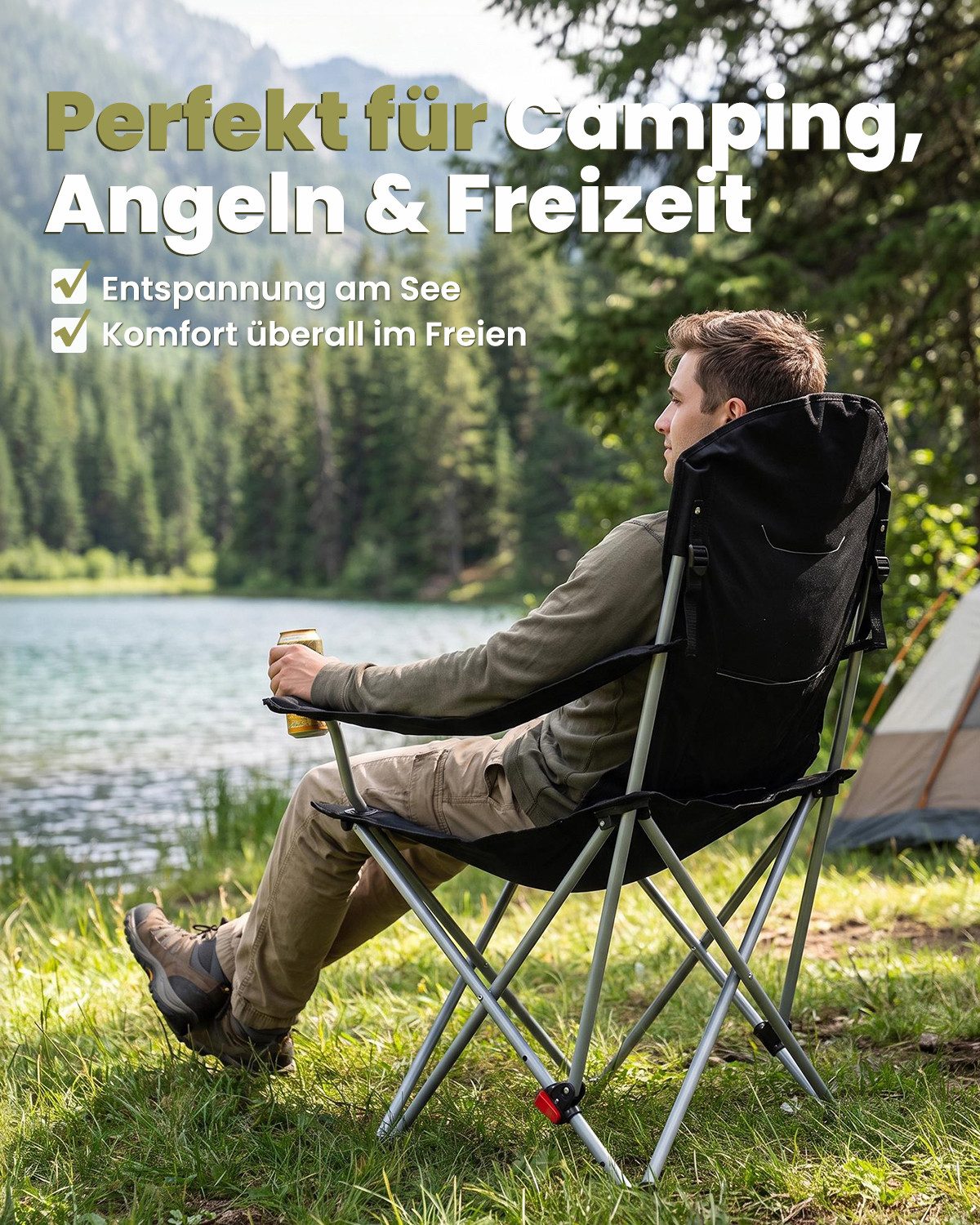 HOMECALL Campingstuhl Angelstuhl faltbar Klappstuhl mit hoher Rückenlehne (Getränkehalter, Gepolstert, bis 150KG, 1 St), 3 fach Verstellbare Rückenlehne