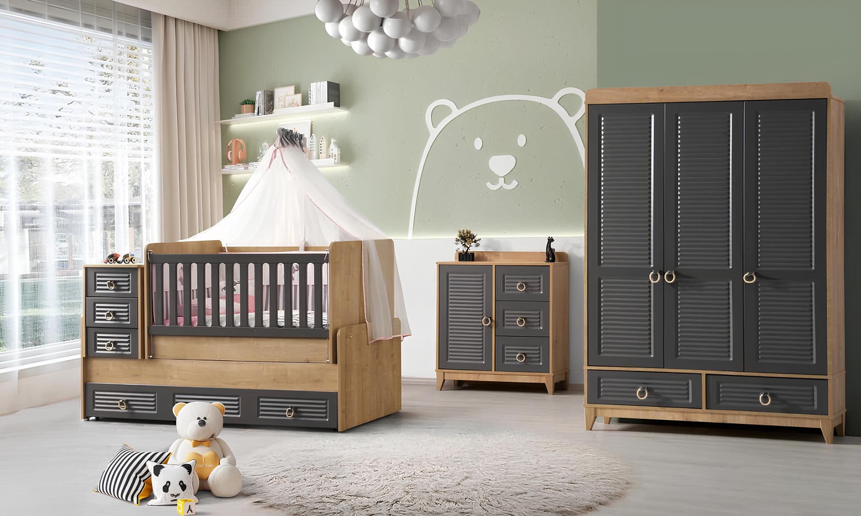 Xlmoebel Babyzimmer-Komplettset Graues Kinderzimmermöbel-Set aus Holz mit Kinderbett und Stauraum, (4-tlg., 4tlg. Kinderzimmer Set (Bett/Kleiderschrank/Kommode/Schreibtisch), Hergestellt in Europa