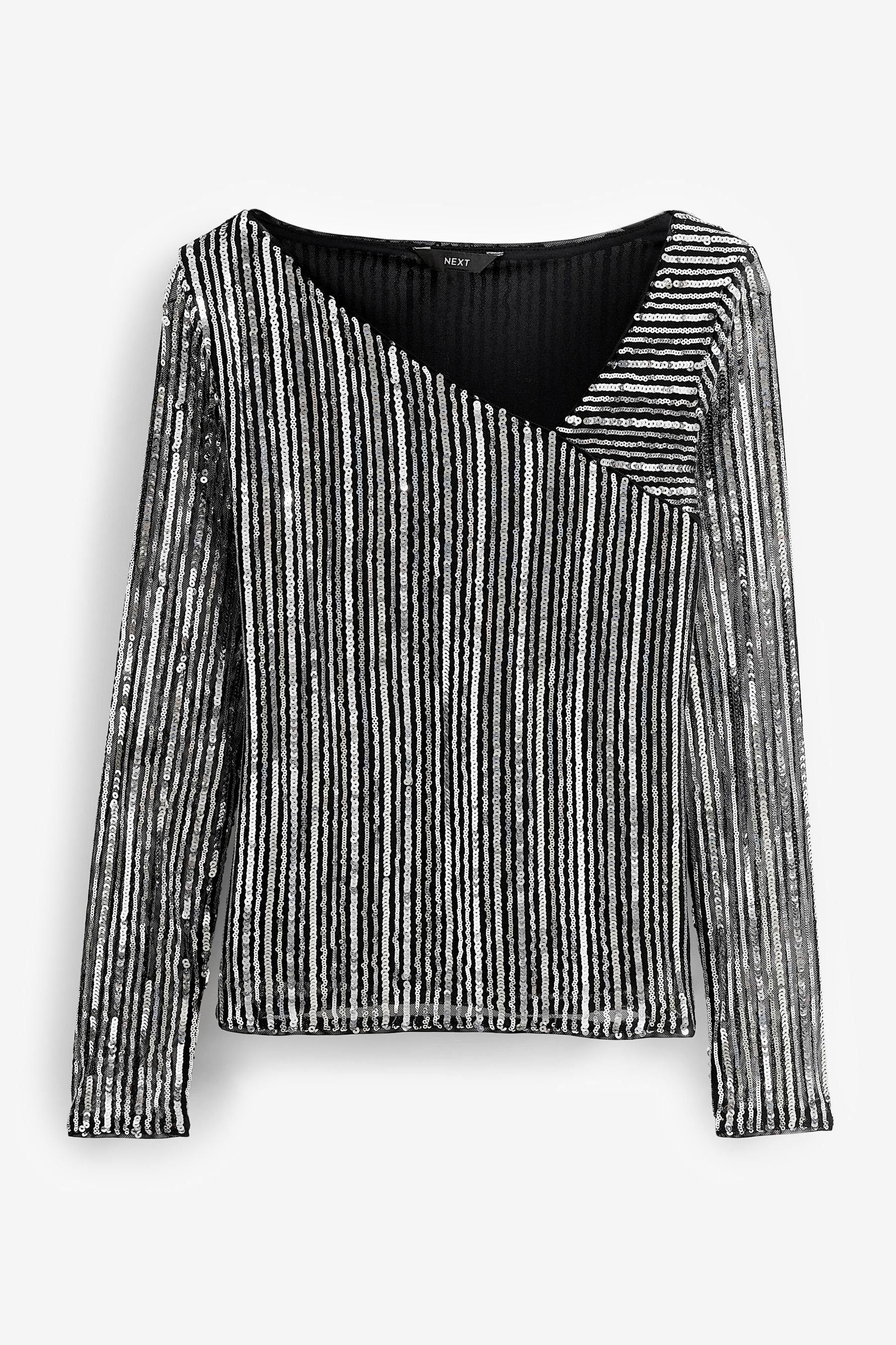 Paillettenshirt Silver Next (1-tlg) Pailletten Striped Langarmtop Asymmetrisches