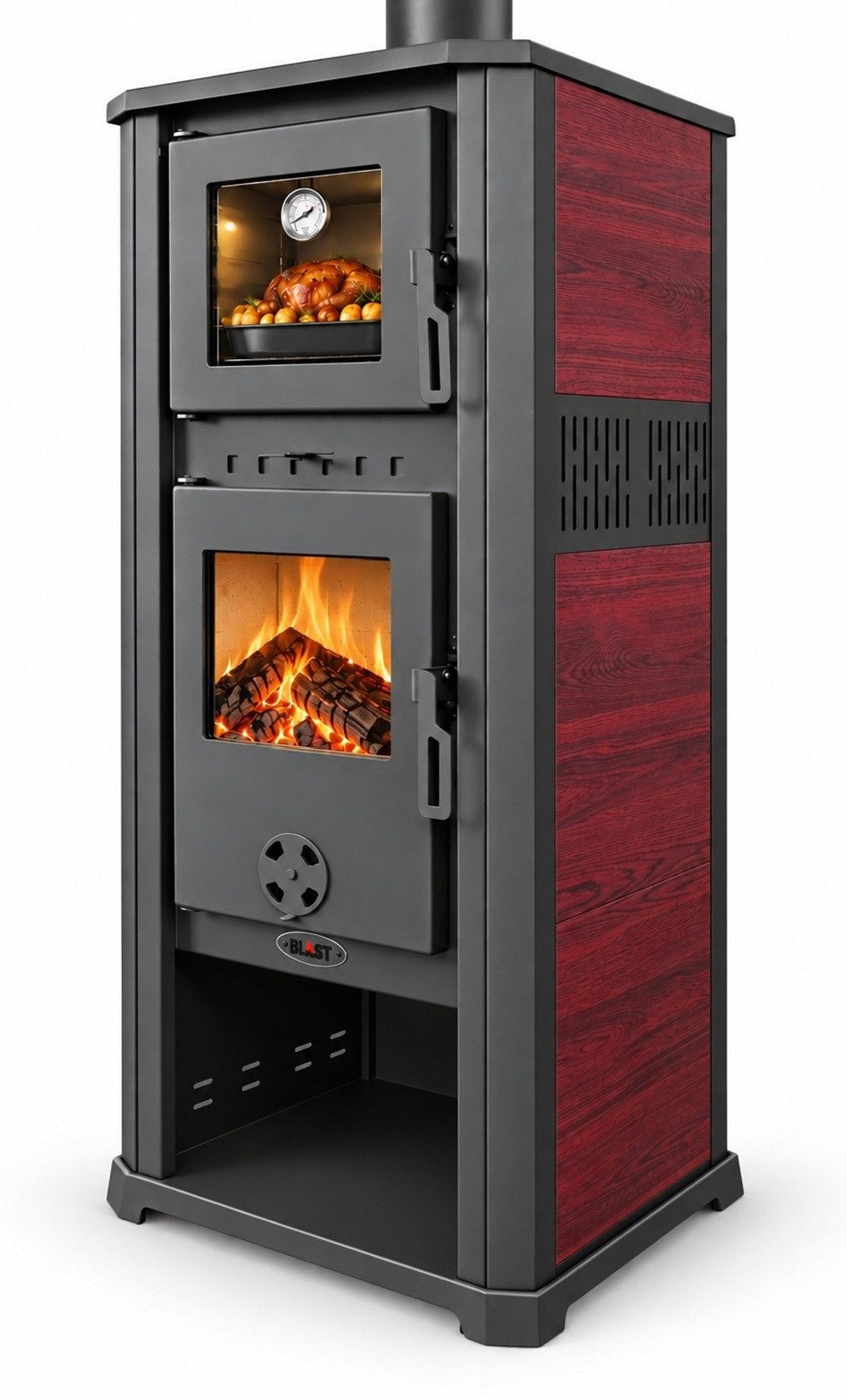 Blist Kaminofen ROMA S mit Backfach - bordeaux mit Keramikverkleidung, 8,3 kW