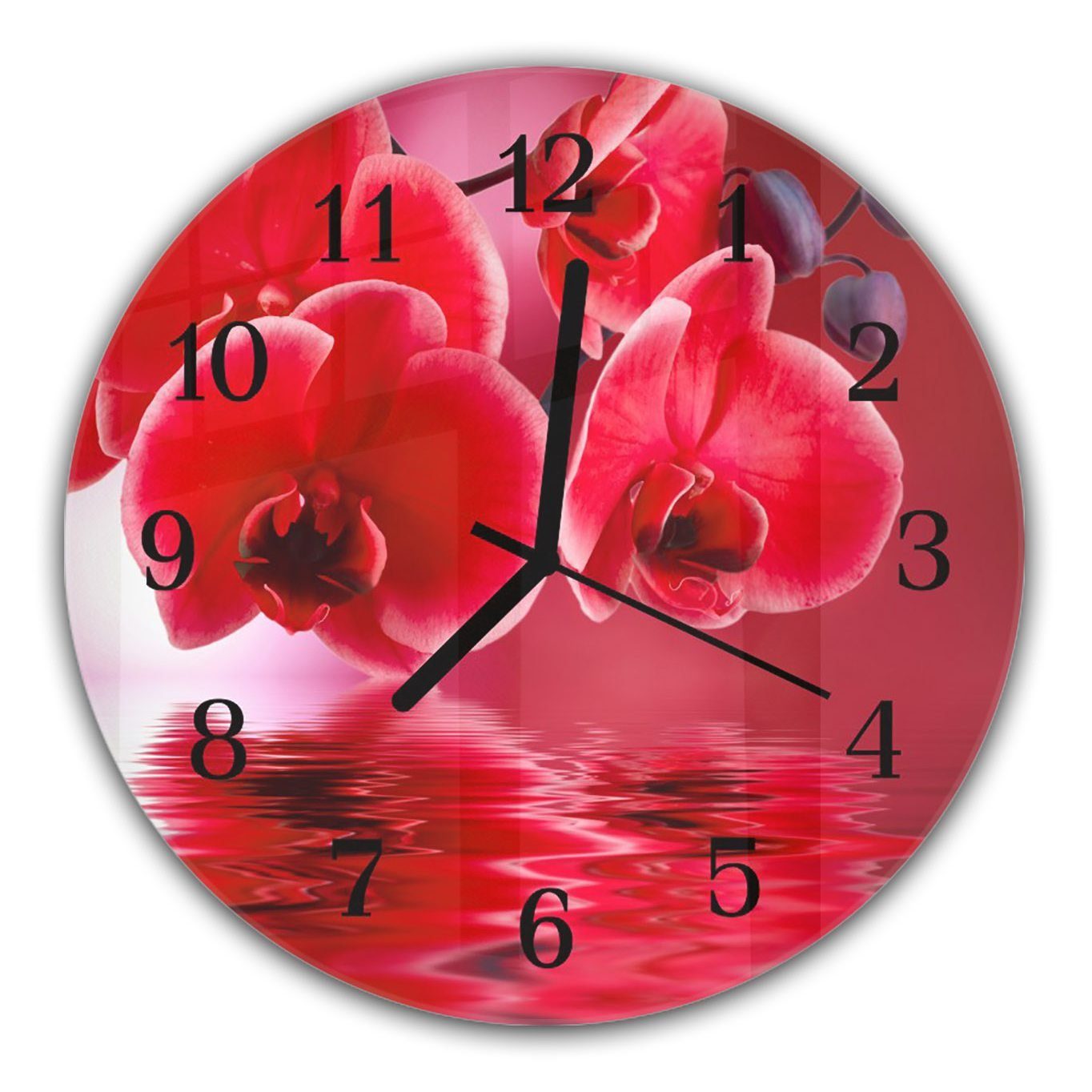 Primedeco Wanduhr Wanduhr aus mit Wasser cm 30 Quarzuhrwerk Orchidee und auf Motiv Durchmesser mit Glas - Rund