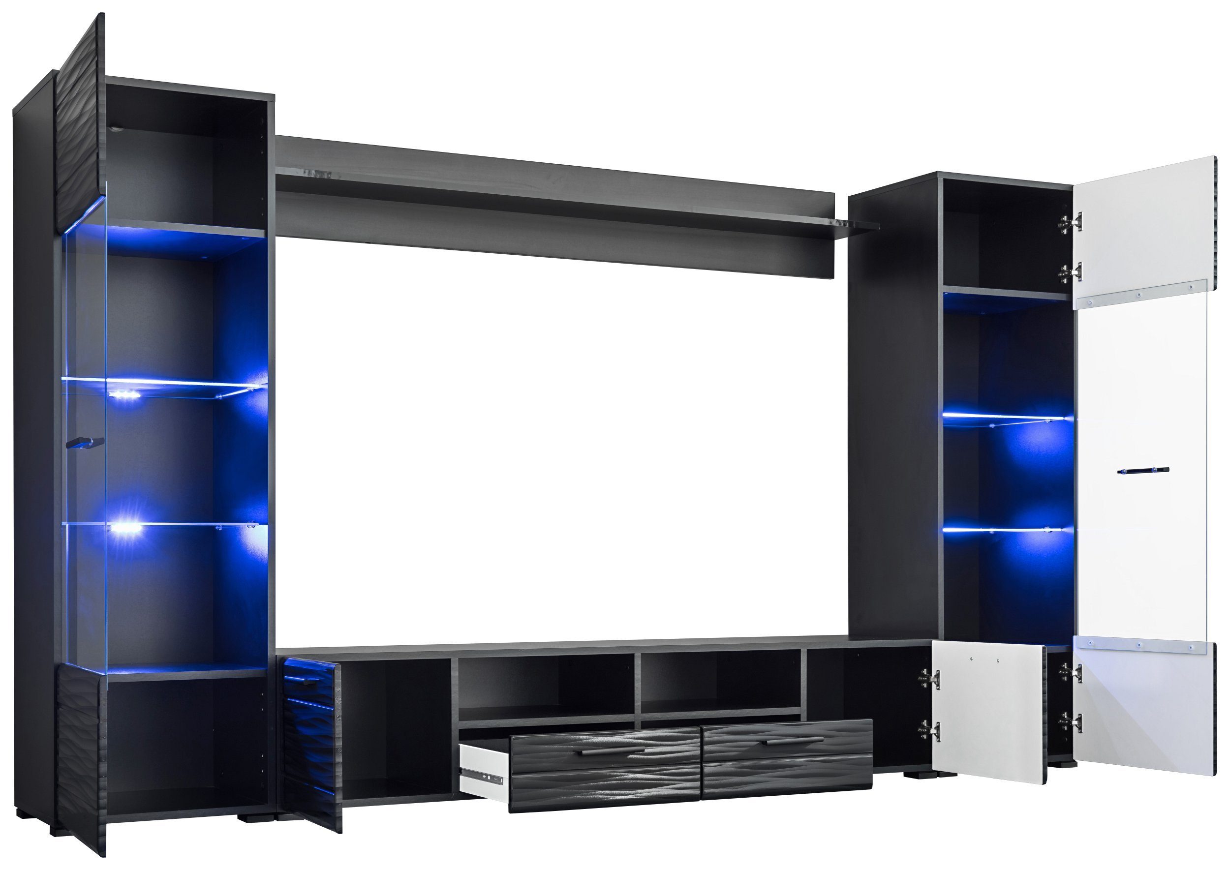 99rooms Wohnwand Delme, (Wohnmöbel, Wohnzimmer-Set, Set (4-St), 2xStandvitrine,1xLowboard,1xWandboard, LED