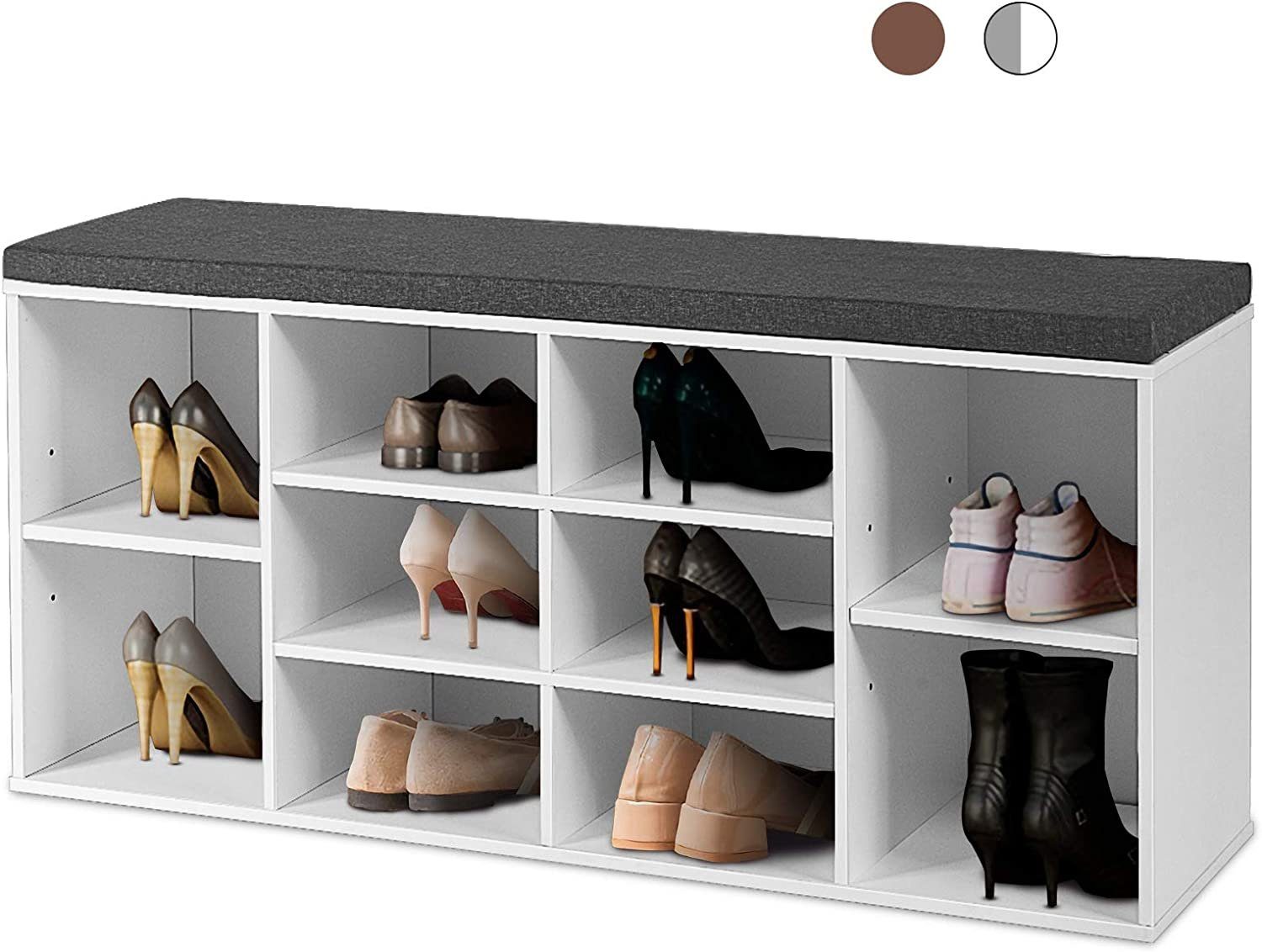 KOMFOTTEU Schuhschrank Schuhablage mit Sitzkissen, mit 10 Ablageflächen Weiß