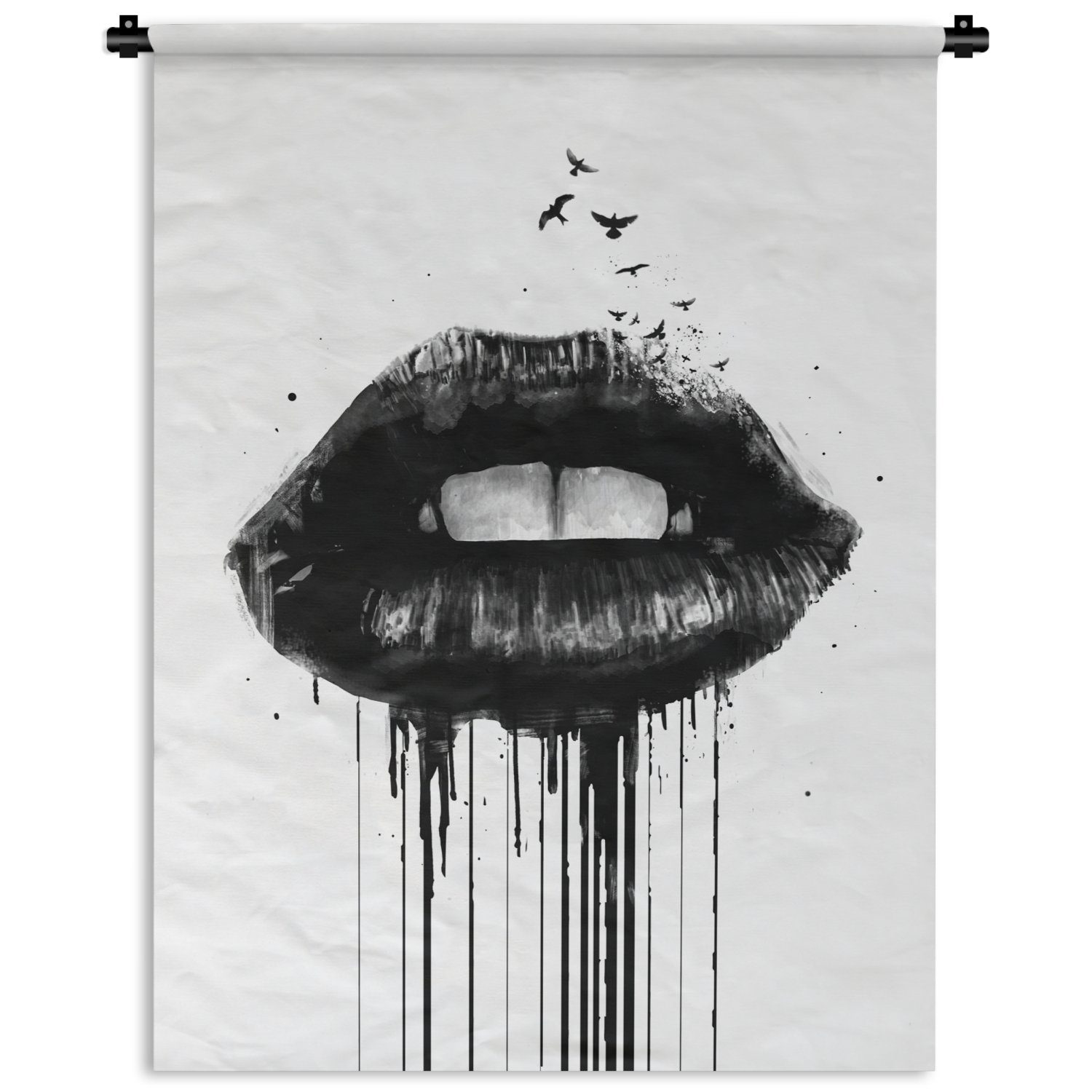 MuchoWow Wanddekoobjekt Lippen Tapisserie, an - für Deko Schwarz Vögel der Abstrakt, Wand, - Schlafzimmer - Wohnzimmer