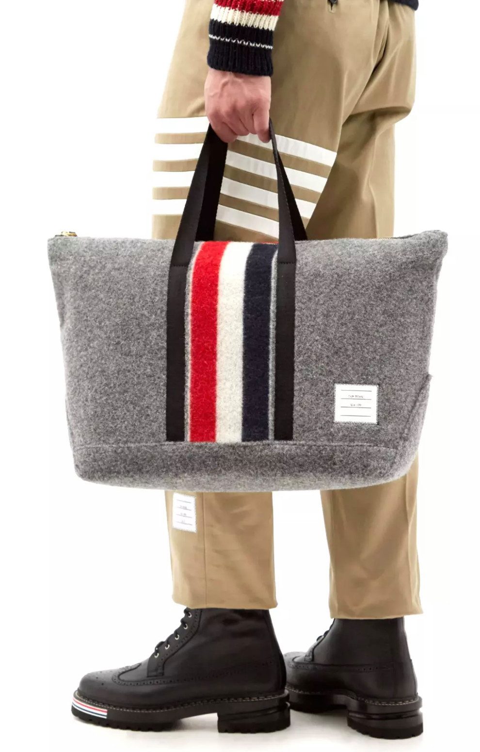 THOM BROWNE Freizeittasche Tri-Colour Tote Tasche Gymbag aus Wollfilz – Handgefertigt in Italien, Hergestellt in Italien, gestreifte Fütterung im Signature-Design