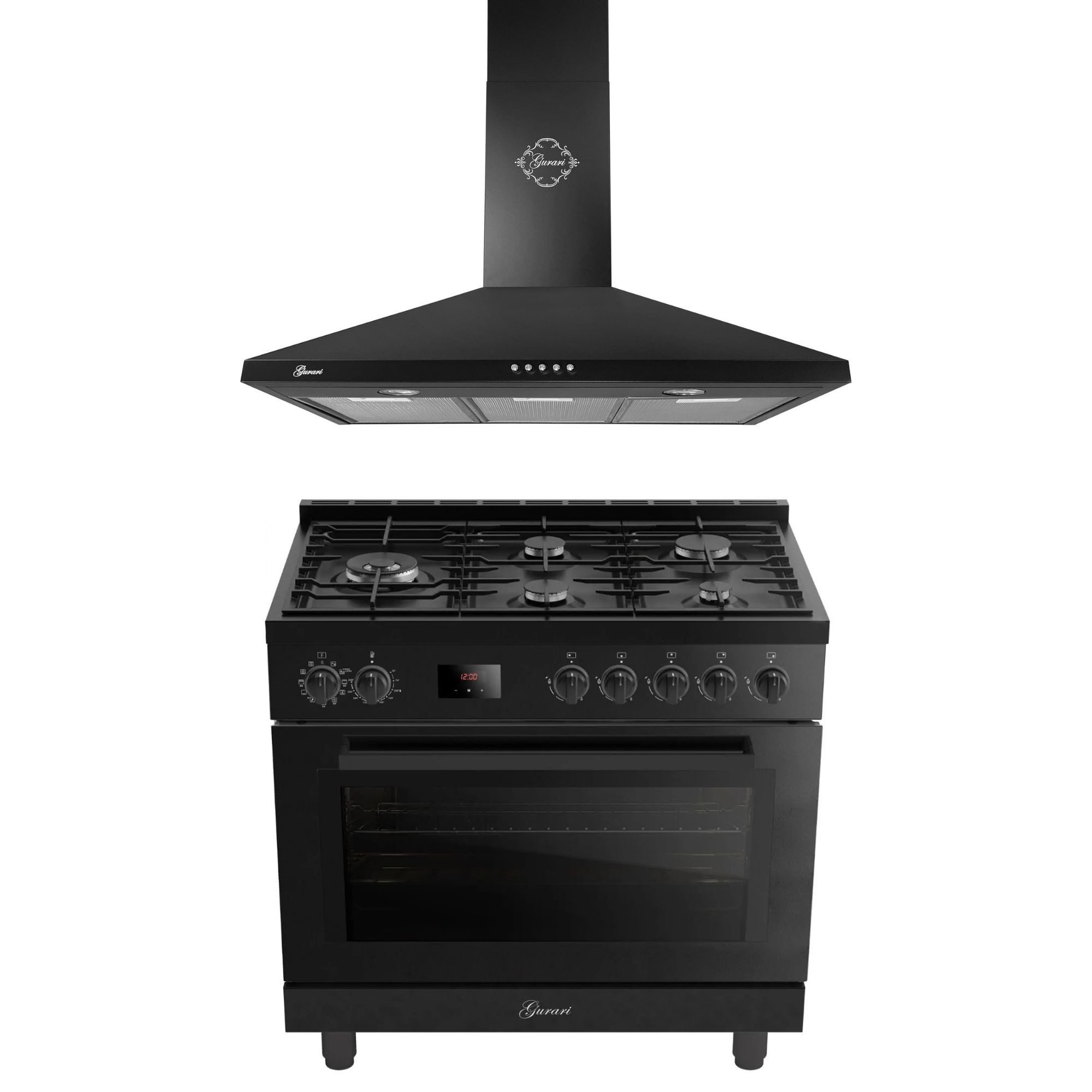 GURARI Gasherd-Set Gas Elektro Standherd 90 cm 126 L Erdgas Fl.Gas 4 Kw WOK Schwarz+Dunstabzugshaube 90cm 1000m³/h Schwarz GCH E 818 BL+GCH C 147 BL 9 N, mit 1-fach-Teleskopauszug