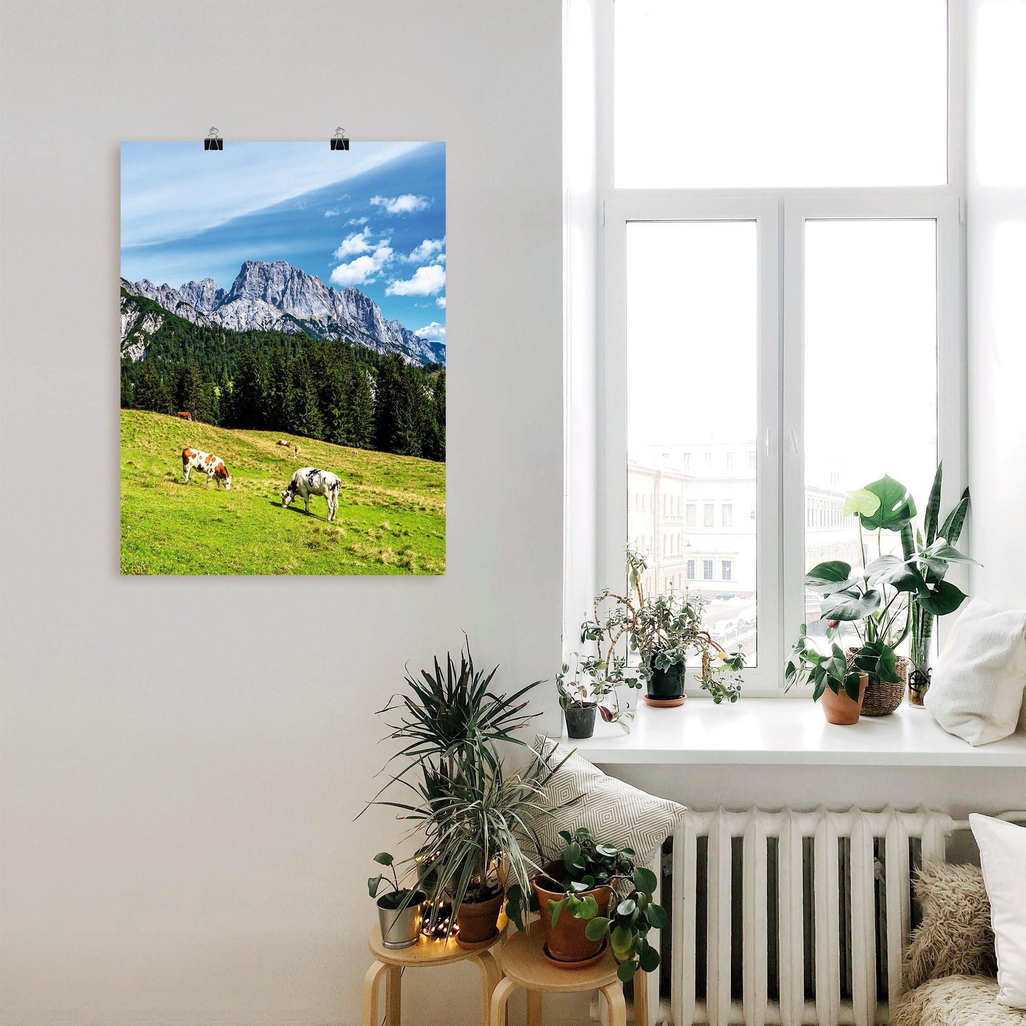 auf die Wandbild mit oder Artland in Kühen, Wandaufkleber Poster St), (1 Alubild, als Alpenbilder versch. Berge Litzlalm Größen Leinwandbild, & Blick