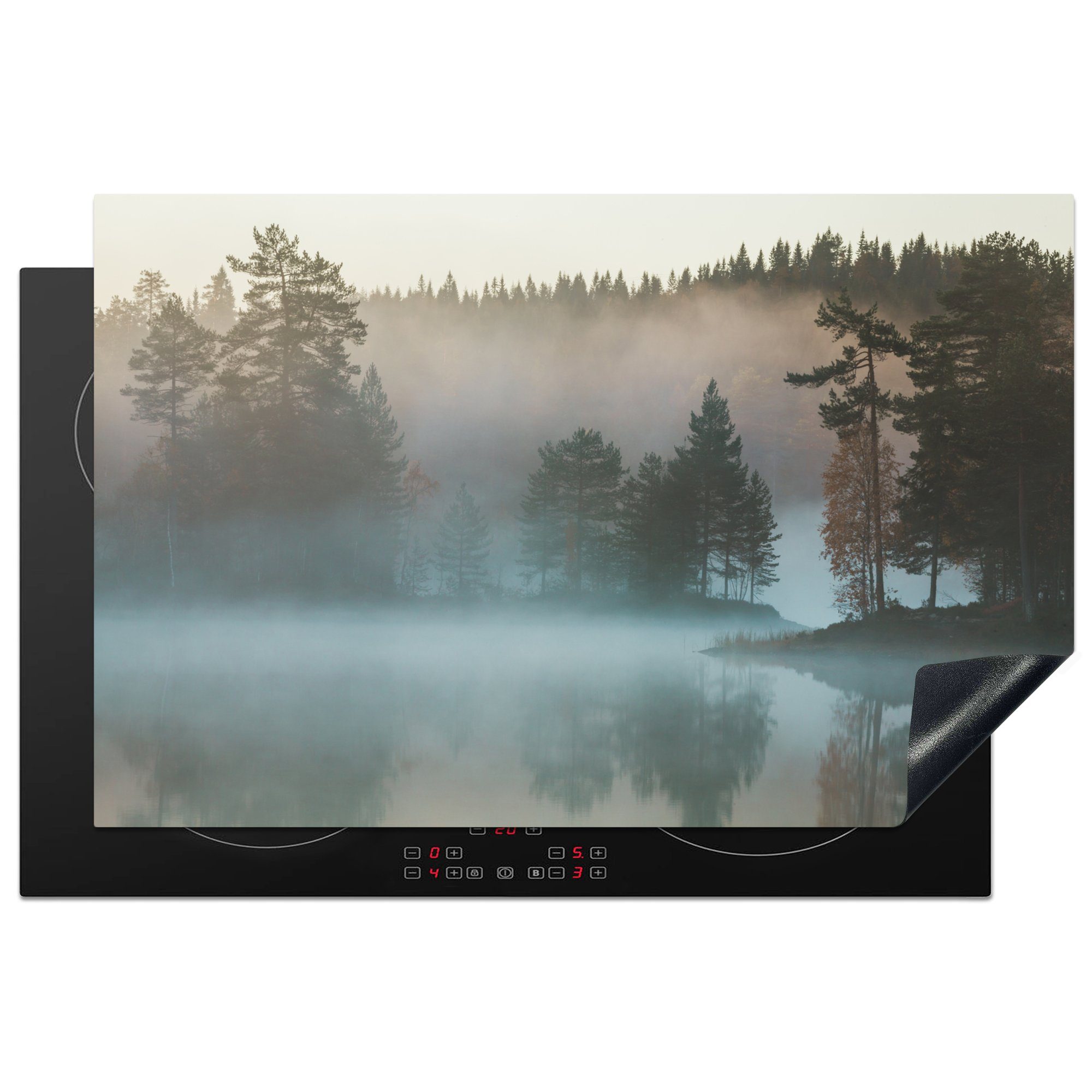 MuchoWow Herdblende-/Abdeckplatte Nebelschwaden über dem See bei Drammen in Norwegen, Vinyl, (1 tlg), 81x52 cm, Induktionskochfeld Schutz für die küche, Ceranfeldabdeckung