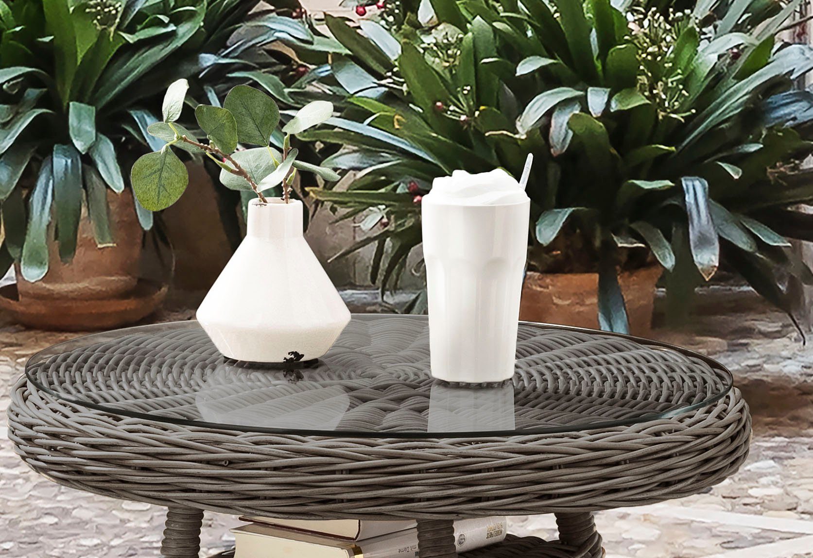 Glasplatte grau cm, Ø aufgelegter mit Polyrattan, Destiny vintage MALAGA, 60x55 Gartentisch
