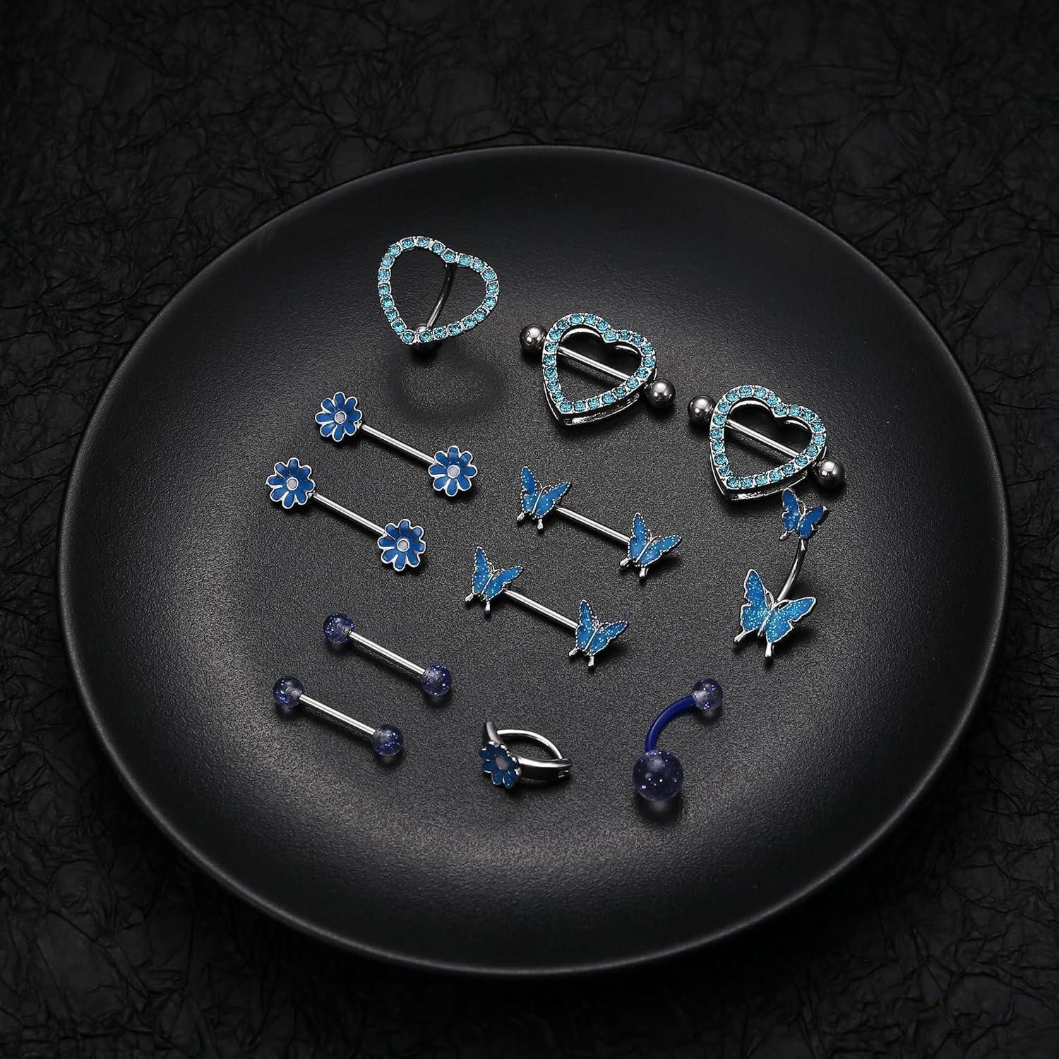 Kakonia Piercing-Set Nippelpiercing und Bauchnabelpiercing Set 14G Chirurgenstahl Frauen