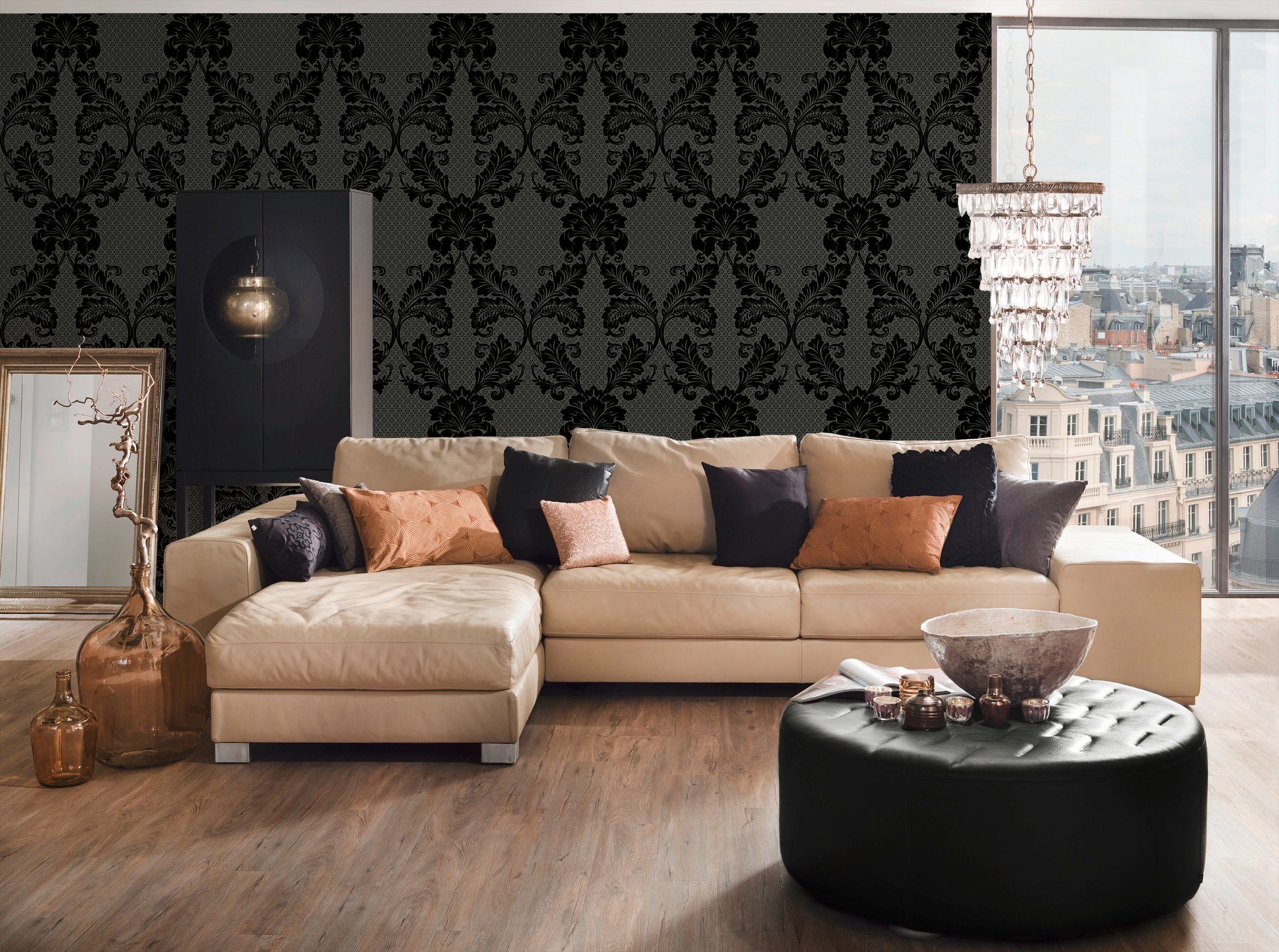 Architects Paper Vliestapete Luxury wallpaper, Tapete Barock, schwarz/grau beflockt, Barock Ornament