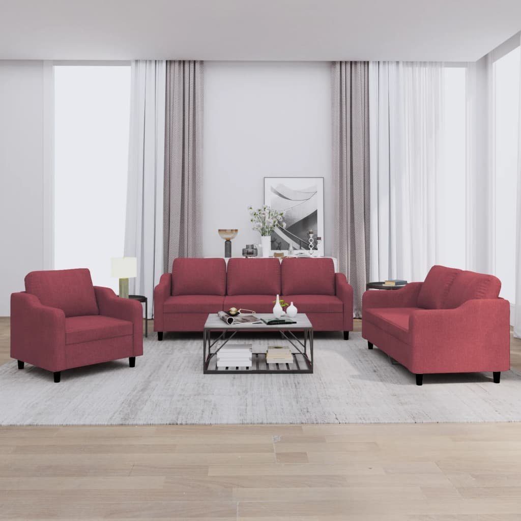 vidaXL Sofa 3-tlg. Sofagarnitur mit Kissen Weinrot Stoff