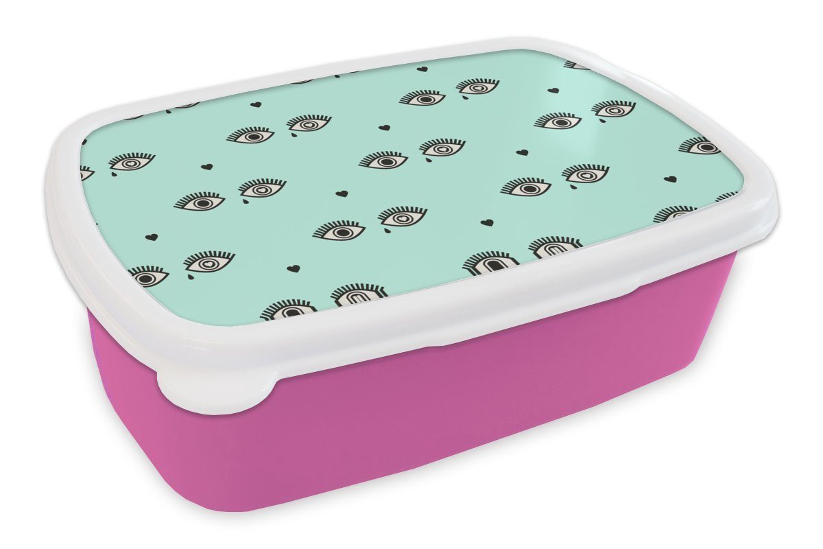 MuchoWow Lunchbox Mädchen - Augen - Herzen - Muster - Mädchen - Kinder - Kinder, Kunststoff, (2-tlg), Brotbox für Erwachsene, Brotdose Kinder, Snackbox, Mädchen, Kunststoff rosa