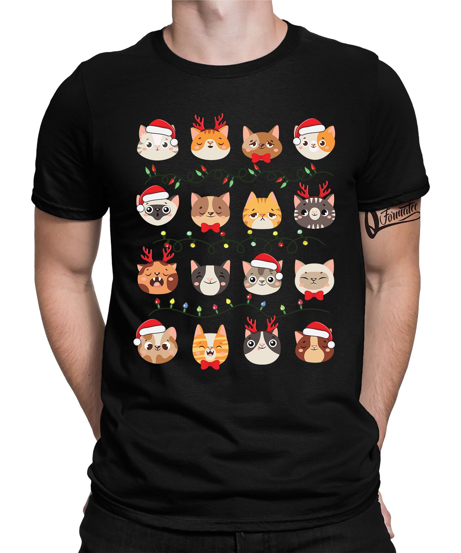 Herren Weihnachten Kurzarmshirt Christmas Katzen Schwarz (1-tlg) Lichterkette X-mas - Formatee Quattro T-Shirt