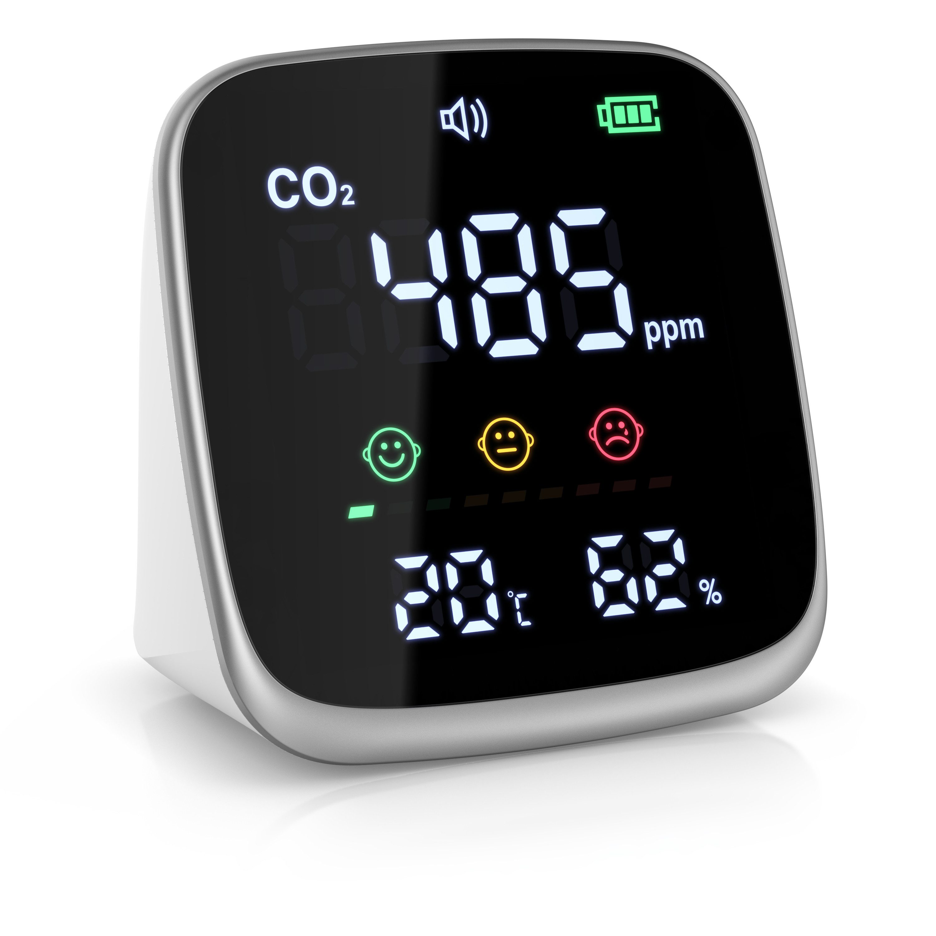 Brandson Raumluft-Qualitätssensor CO2 Messgerät mit Akku, Temperatur- und Luftfeuchtigkeitsanzeige, (1-St), USB-C, 400–5000 ppm, einstellbarer Alarm und LED-Farbdisplay
