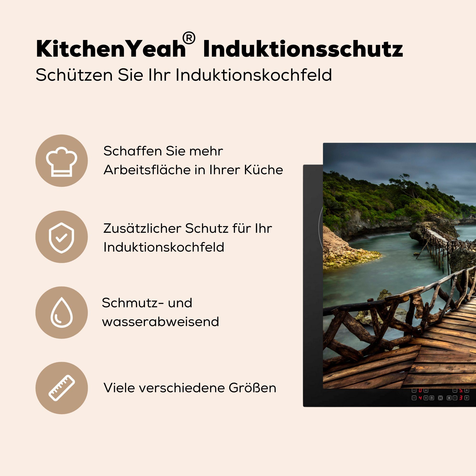 küche - Vinyl, cm, - Holz, tlg), Herdblende-/Abdeckplatte Indonesien (1 für Brücke 78x78 Arbeitsplatte MuchoWow Ceranfeldabdeckung,