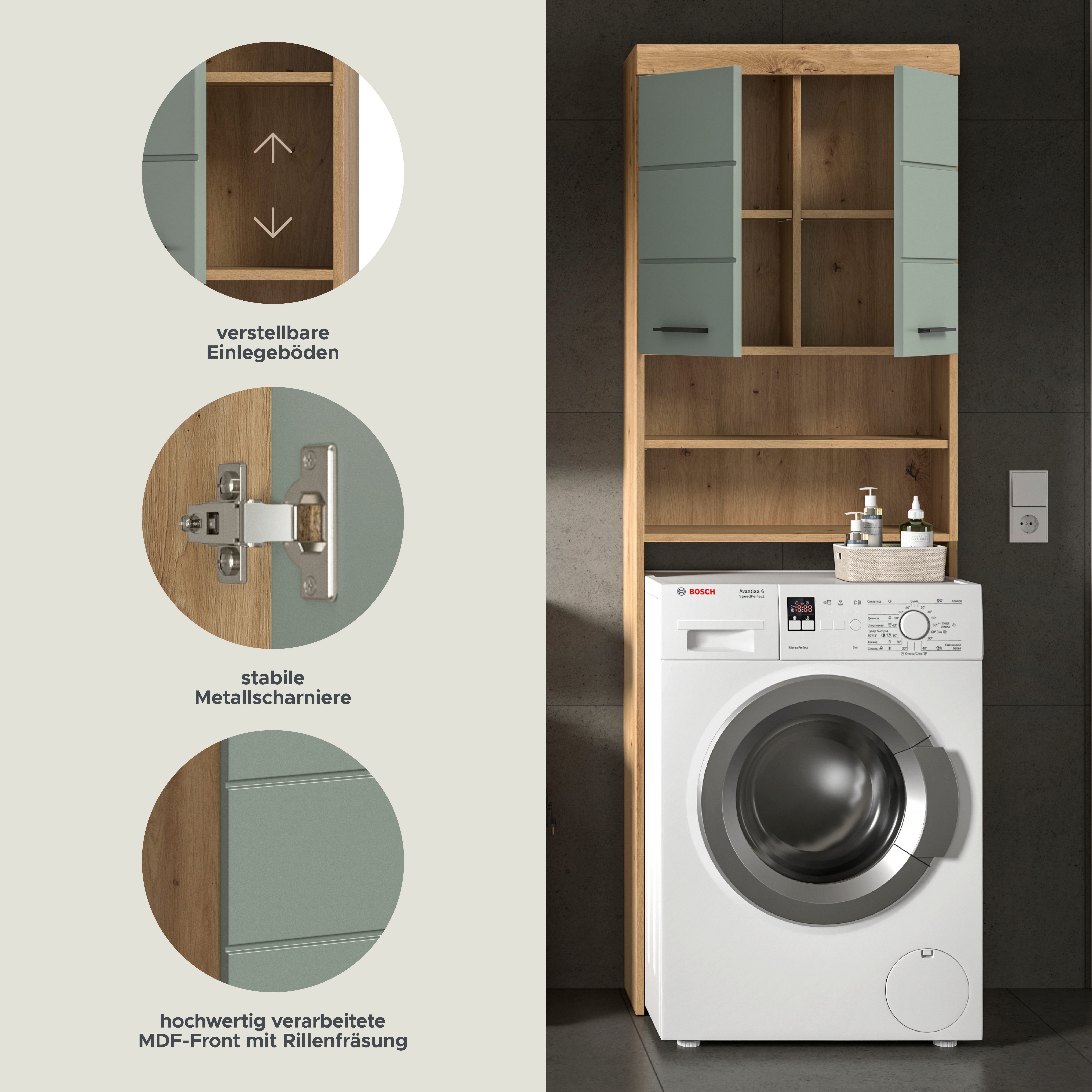 welltime Waschmaschinenumbauschrank SIENA, Breite 63cm, für Waschmaschine & Trockner, 2 Türen, MDF-Front (TOPSELLER) in verschiedenen Farben, Überbauschrank, Umbauschrank, Badschrank