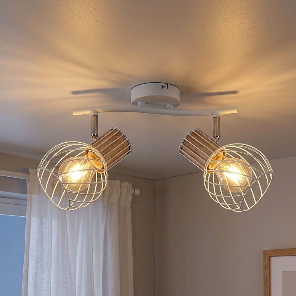 GLOBO LIGHTING LED Deckenleuchte, Leuchtmittel inklusive, Warmweiß, LED Deckenstrahler Metall Käfig Weiß Holzoptik Deckenlampe 2 flammig