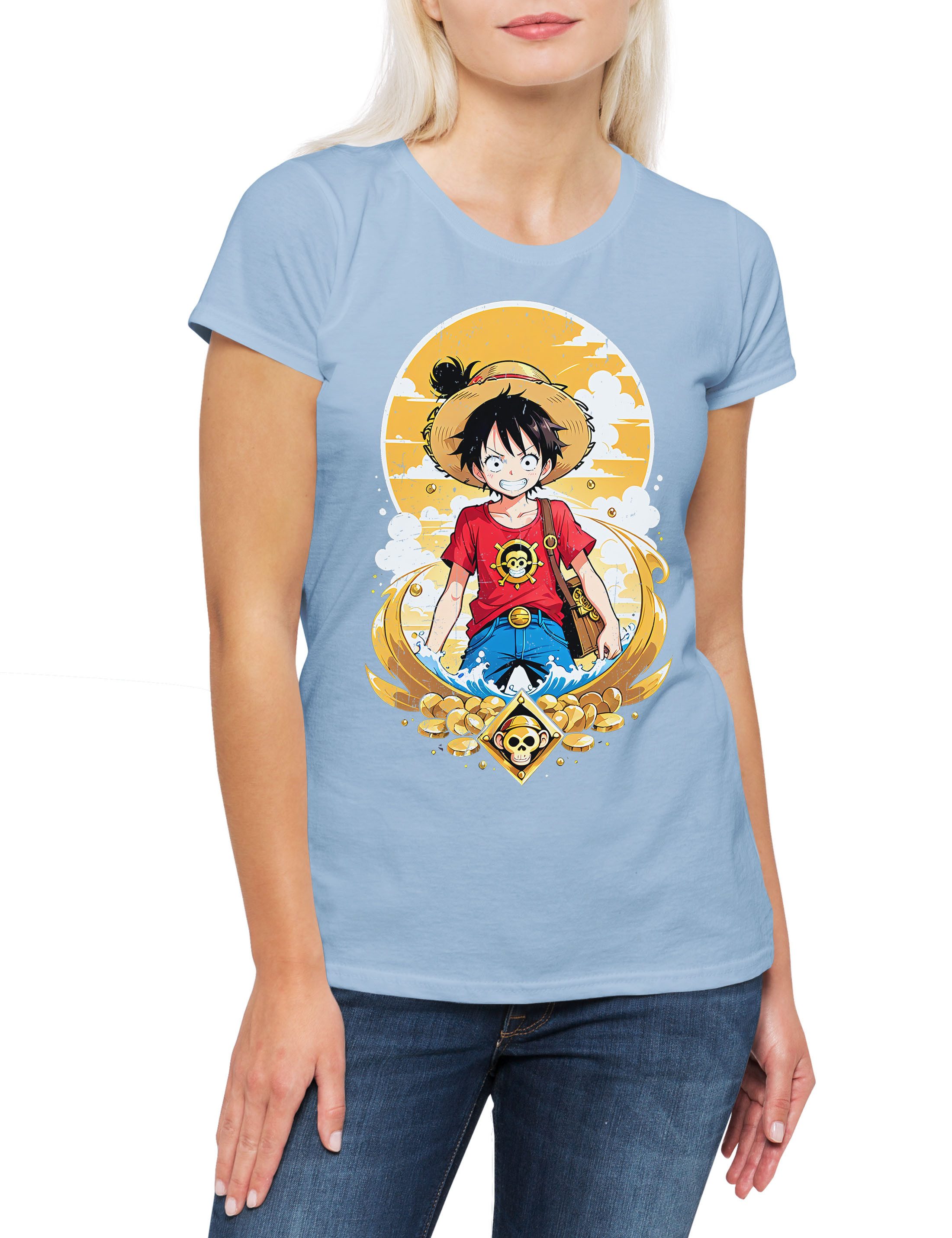 Print-Shirt Monkey Ruffy Logo Damen T-Shirt One Pirate Adventure Anime Piece D