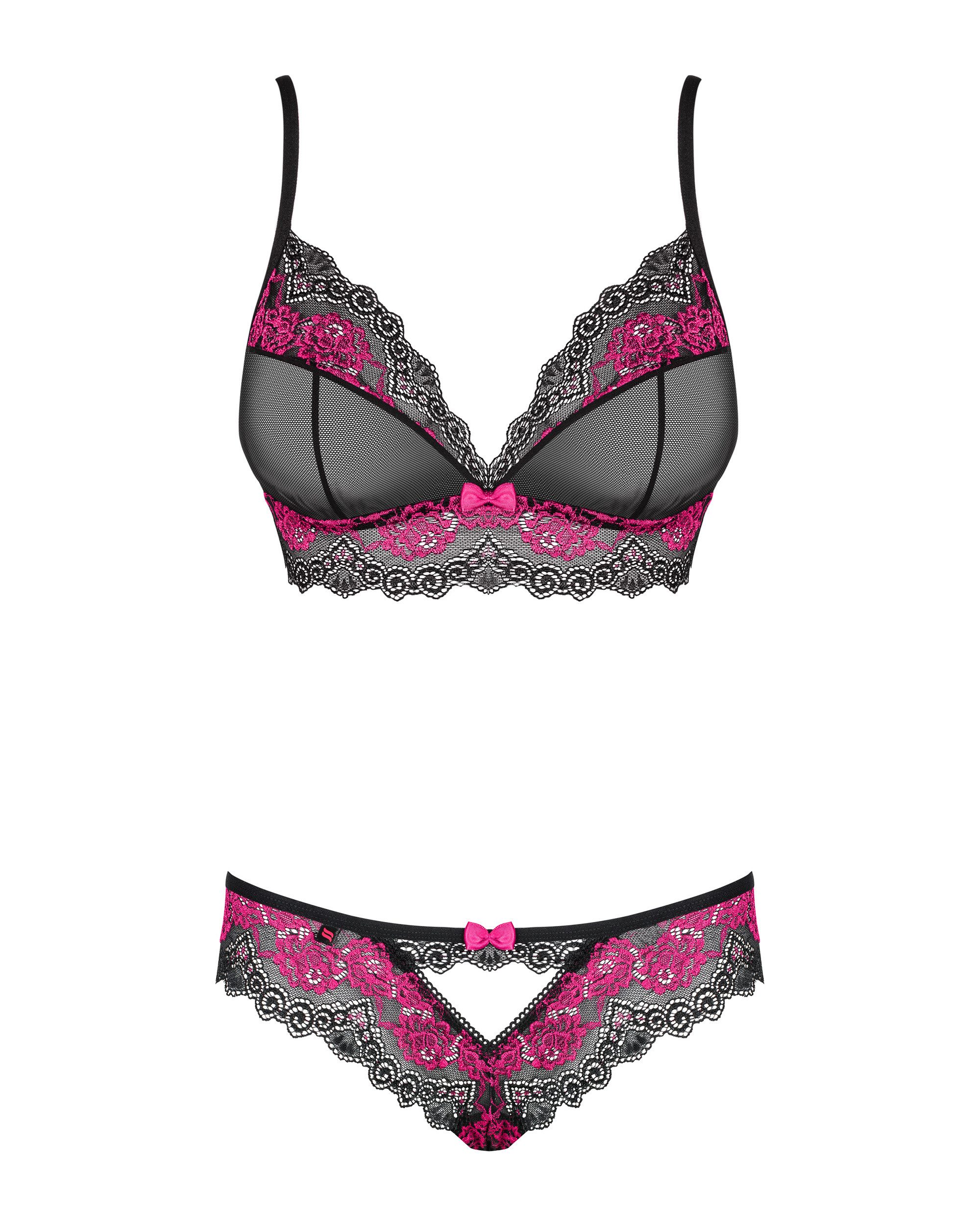 Obsessive Set: Bügelloser BH Tulia 2-teiliges Dessous-Set BH und Slip Spitze - Schwarz/Pink (2-tlg) transparent – Bild 3 von 4