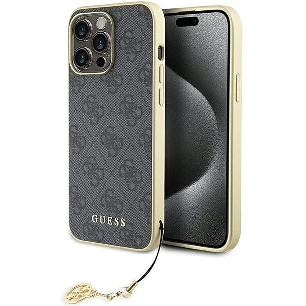Guess Handyhülle Schutzhülle Anhänger, Goldfarbener Charm-Anhänger, 4G-Musterdruck, Kunstleder-Optik