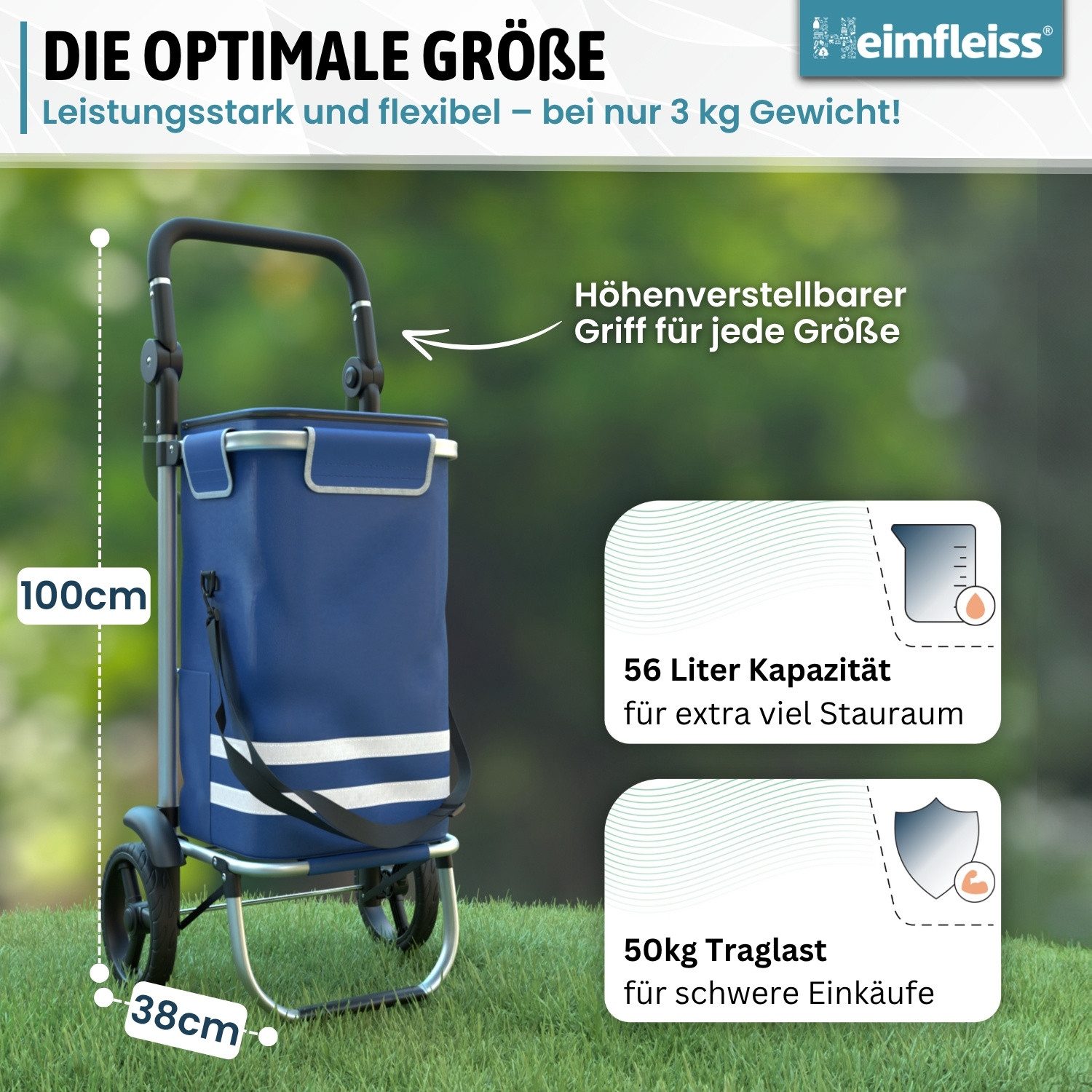 Heimfleiss® Einkaufstrolley Klappbarer Einkaufstrolley mit Kühlfach – 56L, 56 l, Leichter & stabiler Einkaufswagen mit wasserdichter Tasche