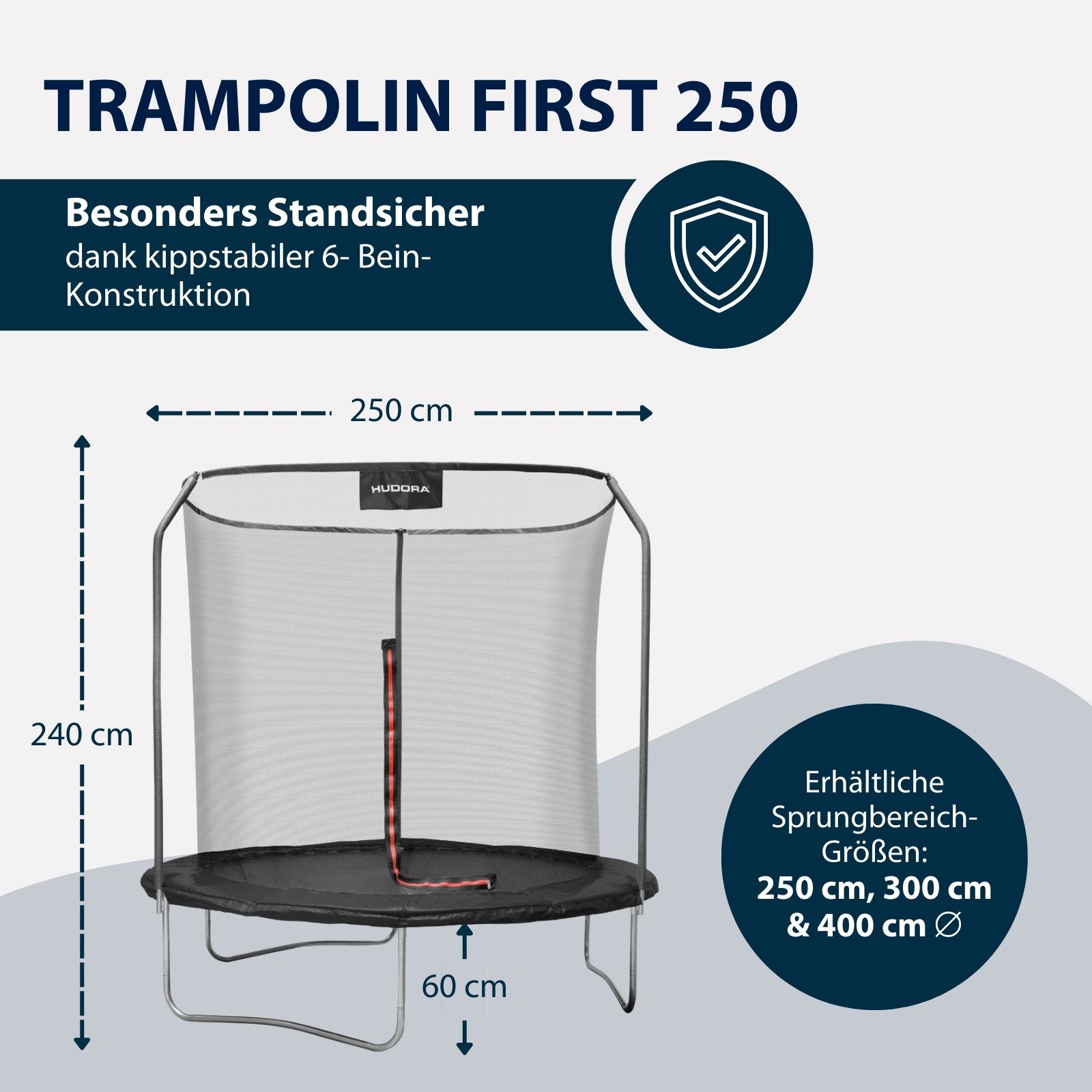 Hudora Gartentrampolin Firstfür Kinder/Jugendliche & Erwachsene, Ø 250 cm, mit Sicherheitsnetz, TÜV-GS geprüft, extra breite Randabdeckung