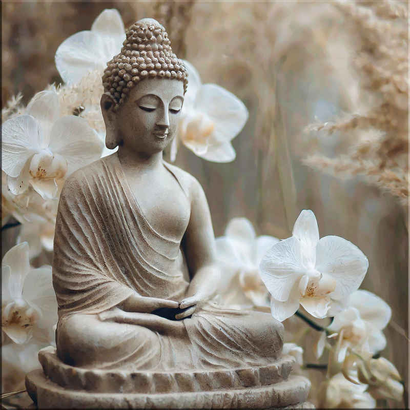 artissimo Glasbild Glasbild 30x30cm Bild aus Glas Boho-Style weiß beige Yoga Wellness, Zen und Spa: Buddha