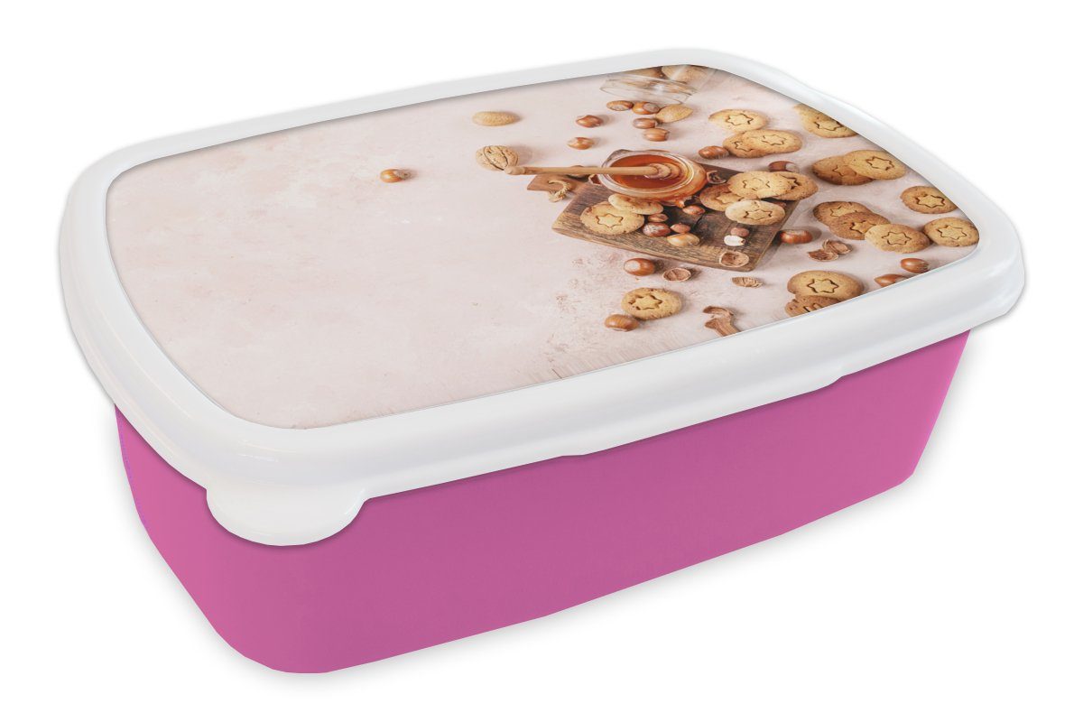 MuchoWow Lunchbox Kekse - Honig - Nüsse - Küche, Kunststoff, (2-tlg), Brotbox für Erwachsene, Brotdose Kinder, Snackbox, Mädchen, Kunststoff rosa