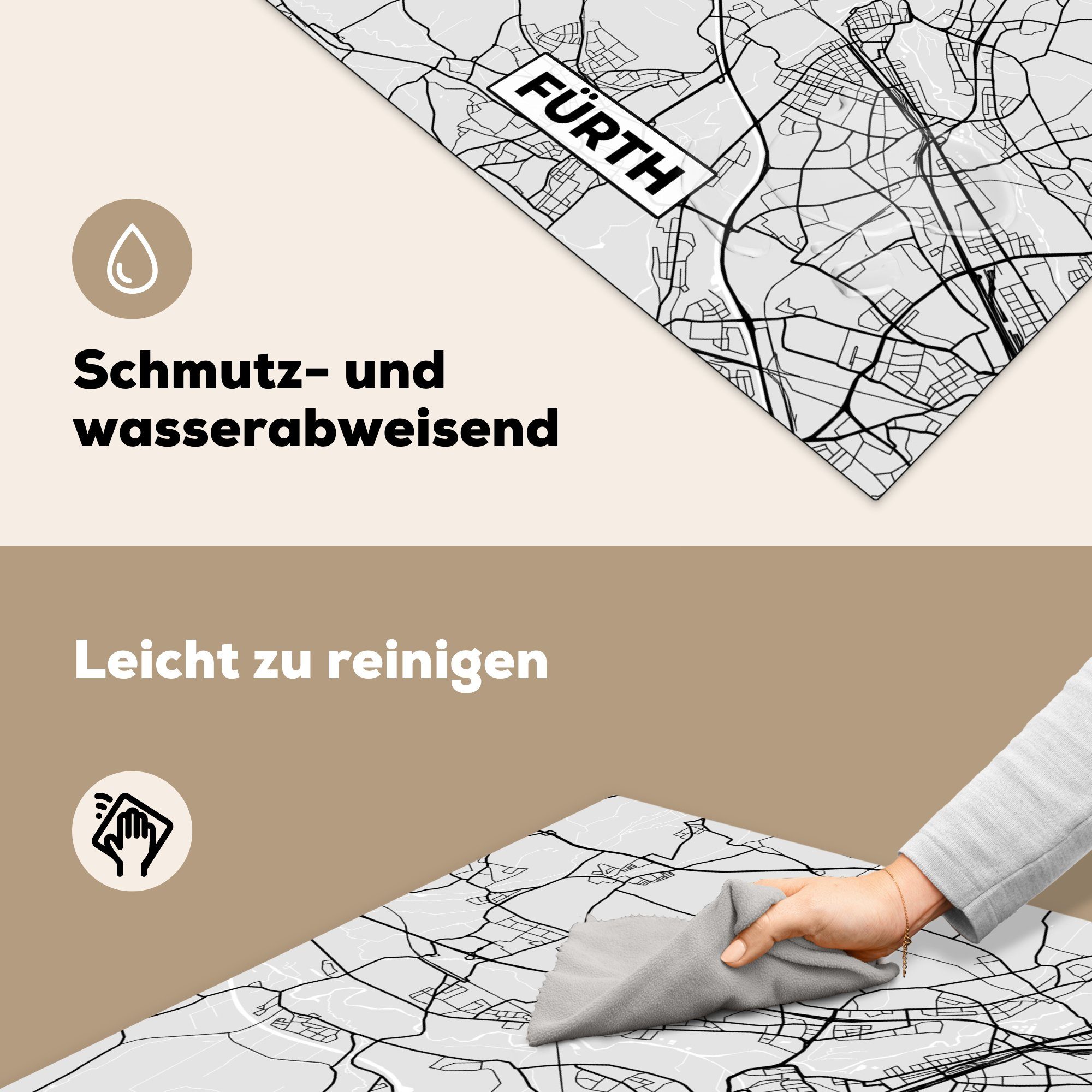 MuchoWow Herdblende-/Abdeckplatte Deutschland Vinyl, küche - - Stadtplan, Karte Karte - Ceranfeldabdeckung, tlg), - cm, (1 Arbeitsplatte für Fürth 78x78