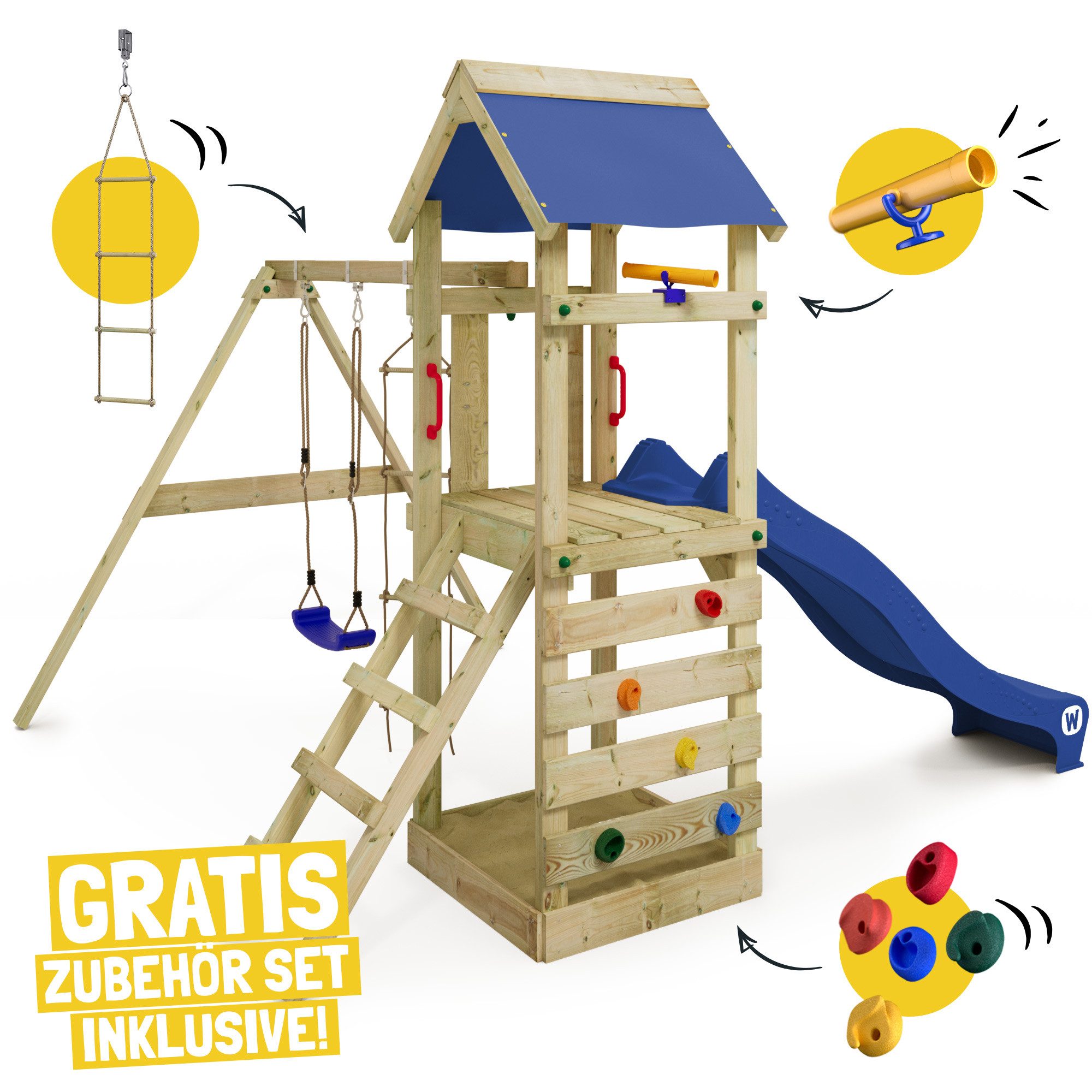 Wickey Spielturm FreeFlyer – Klettergerüst mit Sandkasten, Rutsche & Kletterwand, Erweiterbar mit weiterem Zubehör & Anbauteilen mit 10 Jahren Garantie*