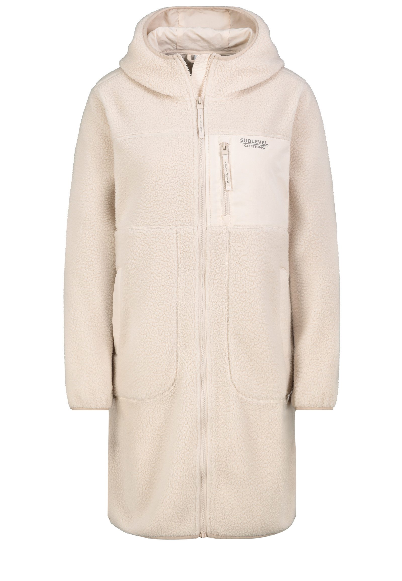 SUBLEVEL Fleecejacke Damen Fleecemantel mit Kapuze Kontrastdetails, Brusttasche, Flatlocknähte