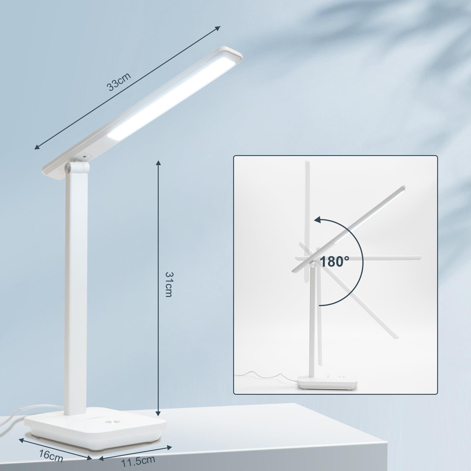 LQWELL Schreibtischlampe LED Tischlampe Abnehmbare Studienlampe, mit Touchdimmer, LED fest integriert, 3 Helligkeitsstufen, Dimmbare Tischleuchte, für Heimbüro, 0° bis 180° Drehung, 6500K