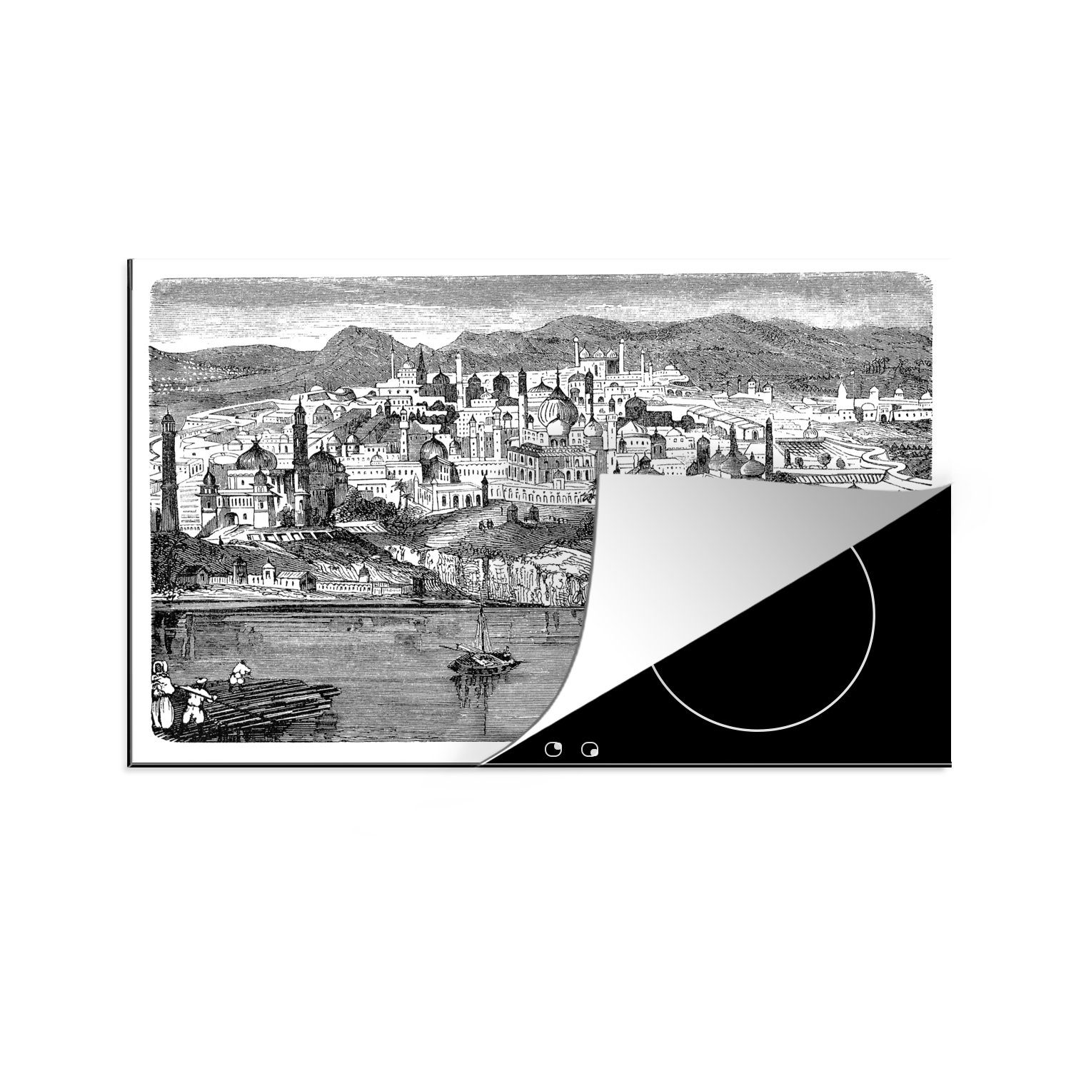 MuchoWow Herdblende-/Abdeckplatte Schwarz-Weiß-Abbildung von Lucknow am Wasser in Indien, Vinyl, (1 tlg), 81x52 cm, Induktionskochfeld Schutz für die küche, Ceranfeldabdeckung