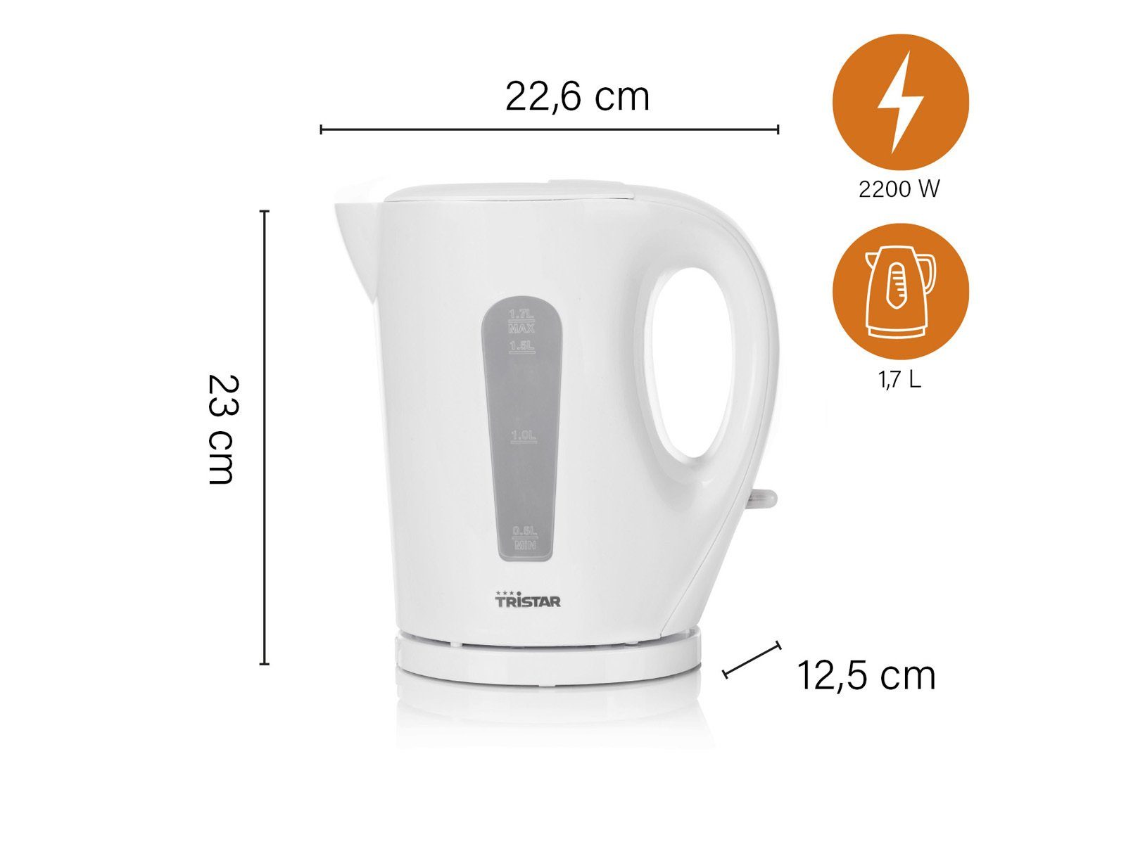 Tristar Wasserkocher, 1.7 l, 2200 W, Großer elektrischer Tee Heißwasserbereiter ohne Kabel schnell, leise
