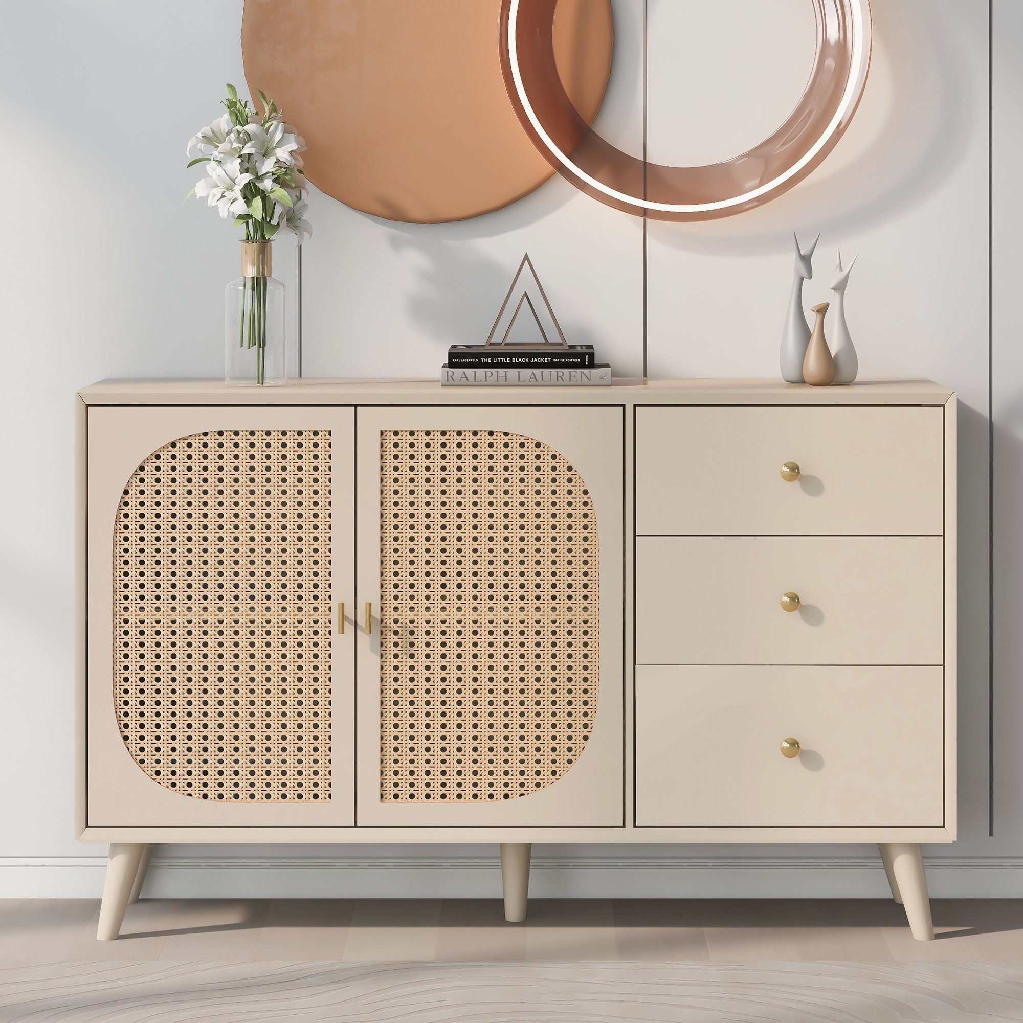 BOTC Wickelkommode Aufbewahrung Sideboard TV-Tisch, Schubladen Sideboard mit großem Stauraum Offwhite Creme Breite 120 cm