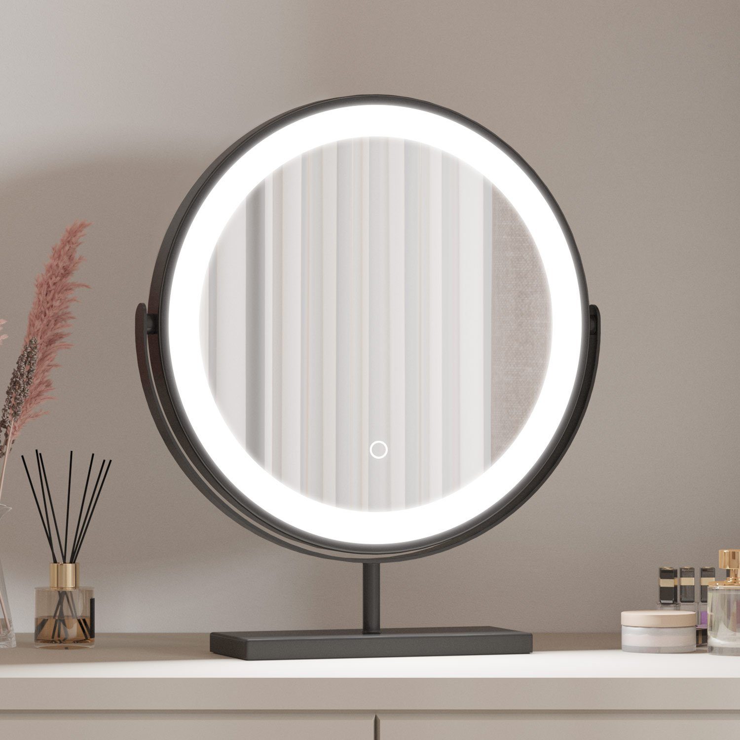 duschspa Kosmetikspiegel Schminkspiegel LED Kosmetikspiegel mit Beleuchtung Tischspiegel, mit Touch, 3 Lichtfarben Dimmbar, Memory-Helligkeit, 360° Drehbar Schwarz