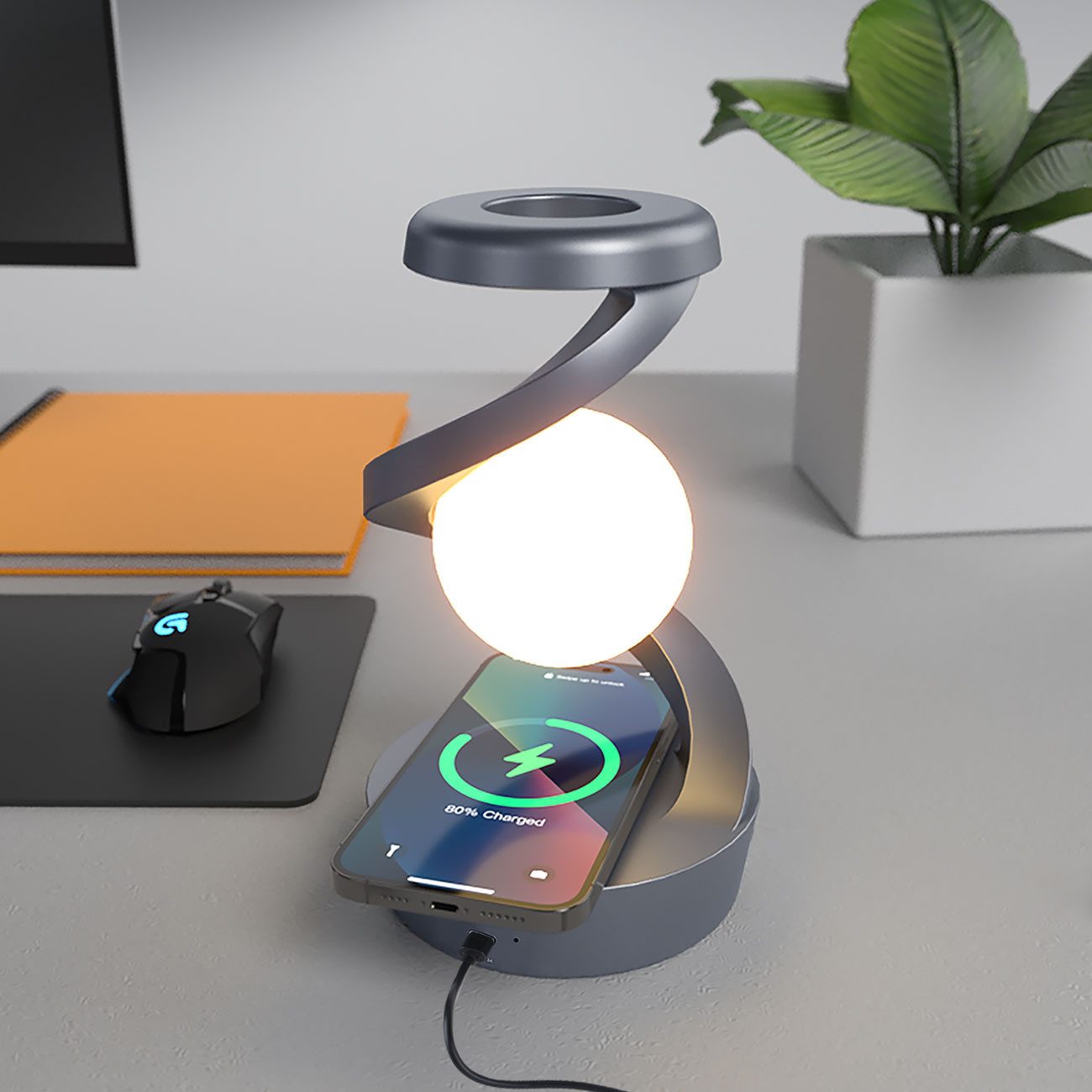 shop'n smile ideoon Tischleuchte Schwebende RGB Tischlampe mit Handy Ladeport 3W Ø12,7 x 21,9 cm, Leuchtmittel in RGB-Farben, Blau, Rot, Weiß, Grün, Qi-Ladefunktion 15W, RGB Farbwechsel & schwebende Rotationskugel