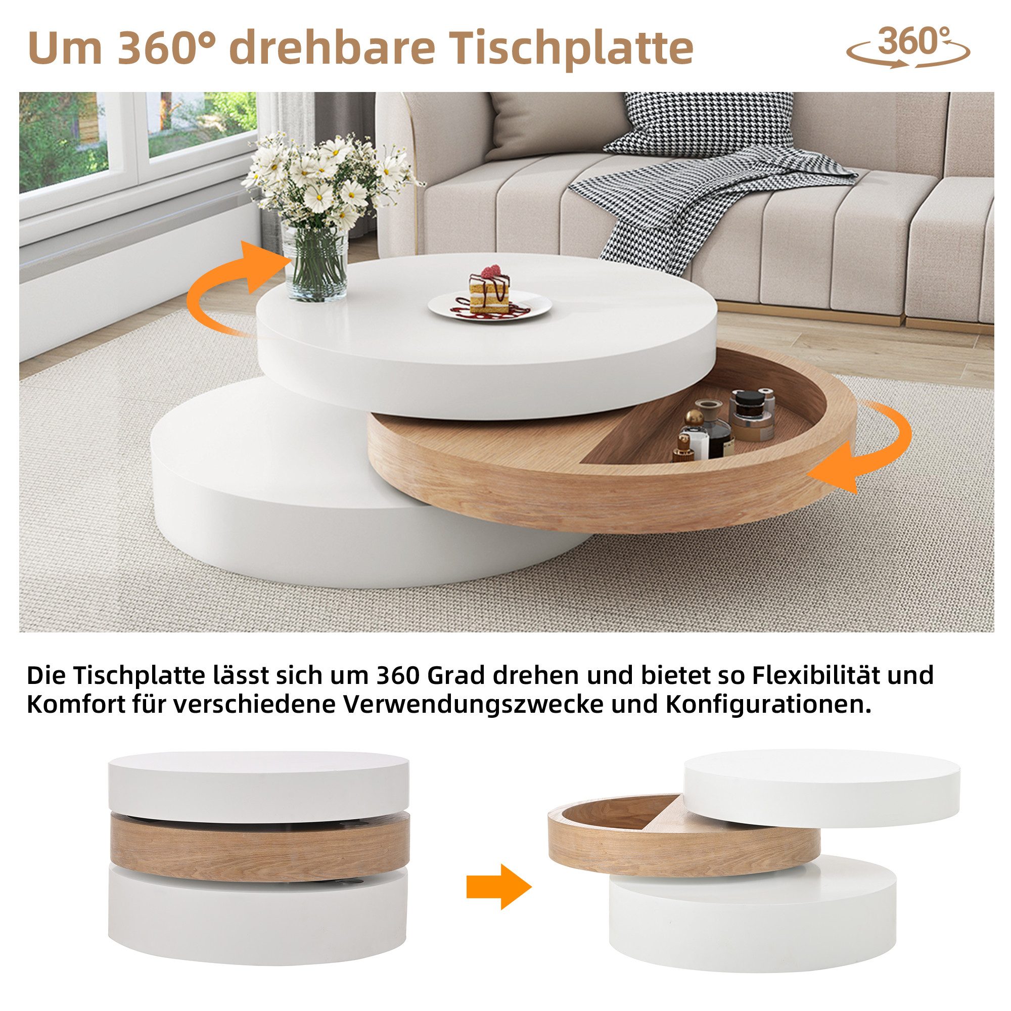 SeedWave Couchtisch 3-Ebenen Sofatisch in Zylinderform mit 360° Drehbarer Tischplatte, Runder Wohnzimmertisch mit 60cm - 80cm Durchmesser, Stauraum
