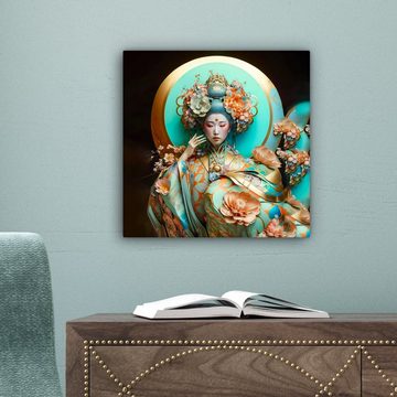 OneMillionCanvasses® Leinwandbild Frau - Kimono - Blumen - Gold - Porträt, (1 St), Leinwand Bilder für Wohnzimmer Schlafzimmer