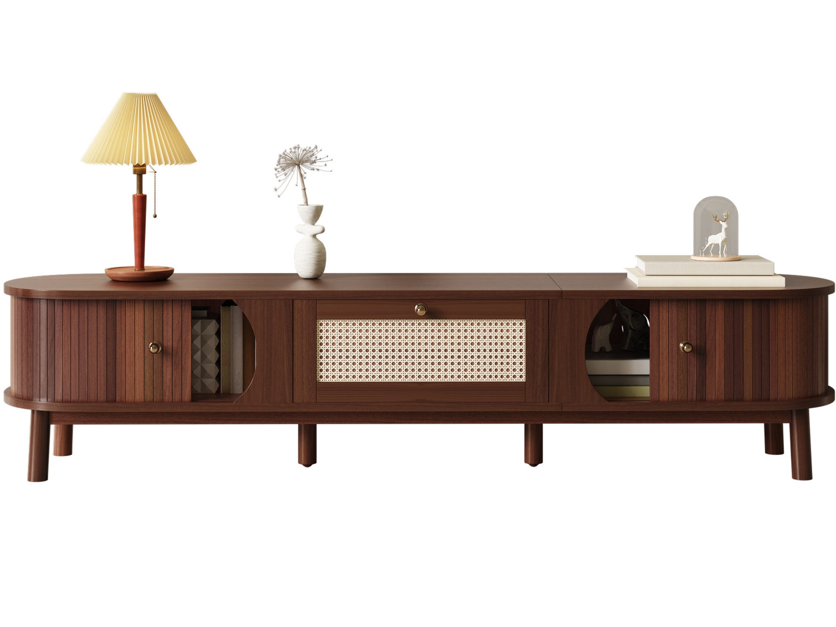 SeedWave Lowboard Retro Walnussholzfarbener TV Schrank mit 2 Schiebetüren, 1 Schublade, Geschmückte Rattanoberfläche, 2 Kabelslöcher auf der Rückseite
