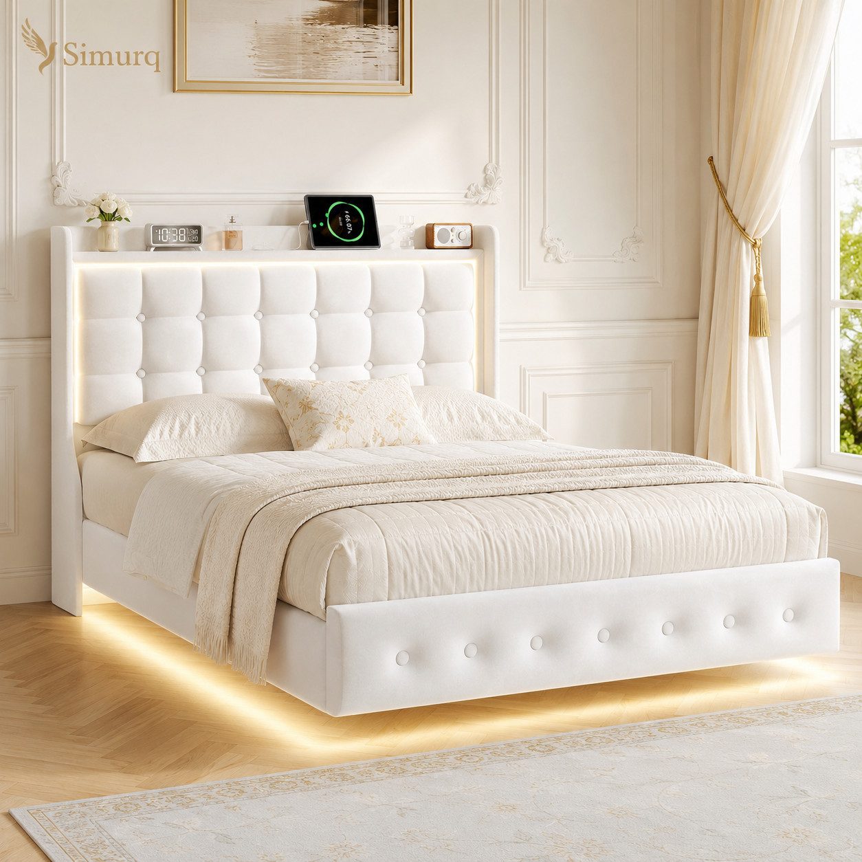 Simurq Polsterbett 140x200 mit Bettkasten LED USB Stauraum Kopfteil (Bettgestell mit Lattenrost, Bettgestell mit Lattenrost, ohne Matratze, 2 Pakete), Schwebendes Design mit 23,5 cm Bodenfreiheit