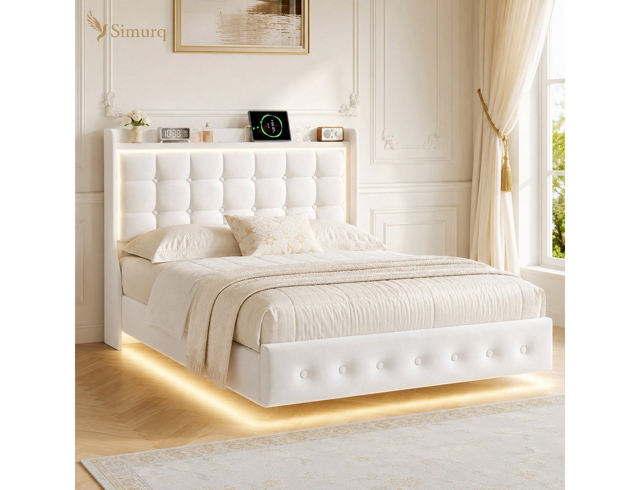Simurq Polsterbett 140x200 mit Bettkasten LED USB Stauraum Kopfteil (Bettgestell mit Lattenrost, Bettgestell mit Lattenrost, ohne Matratze, 2 Pakete), Schwebendes Design mit 23,5 cm Bodenfreiheit