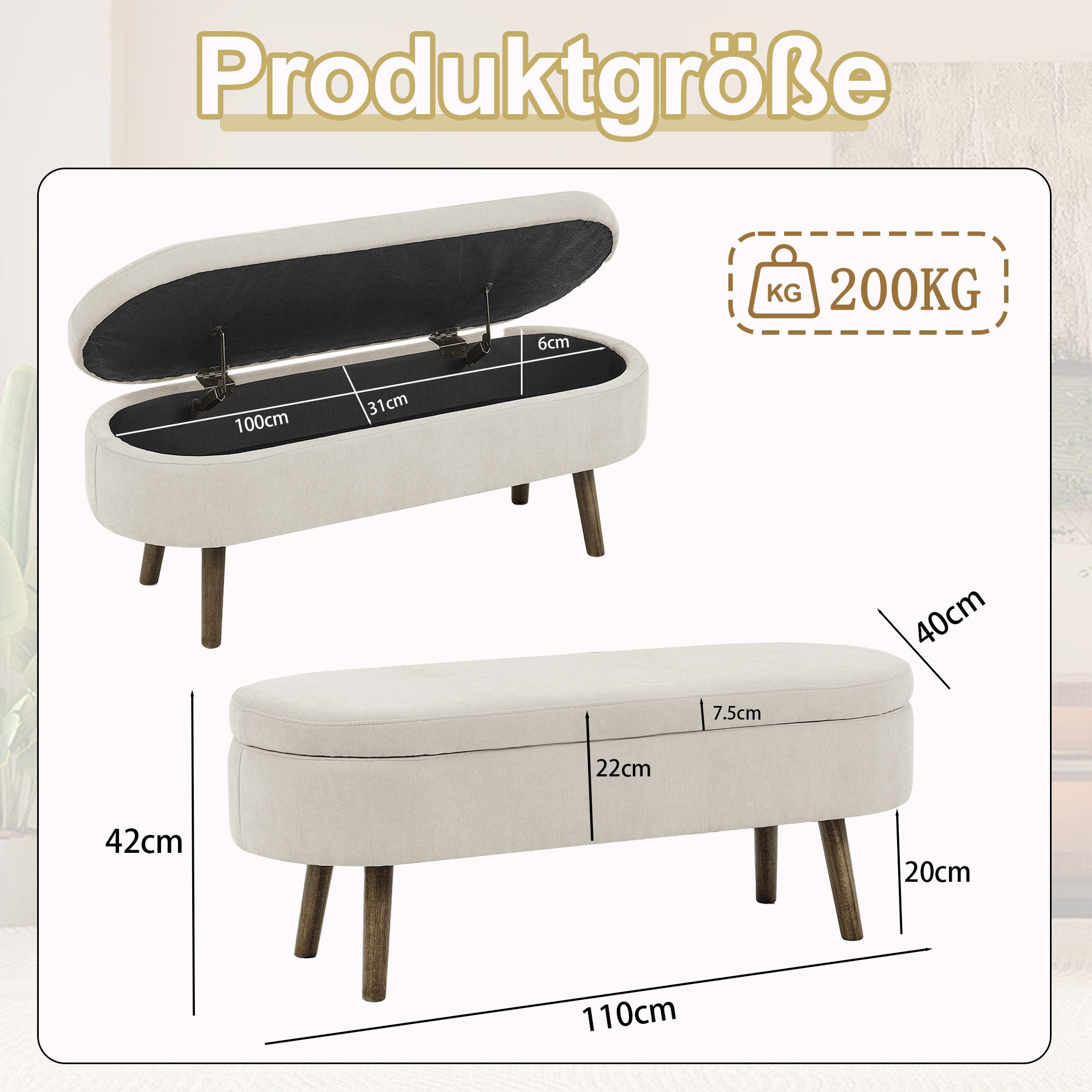 Celya Sitzbank Multifunktionelle Aufbewahrungs Bench (110x40x42cm, Holzbeine, Massivholzrahmen, 20L Stauraum), ideal für Schlafzimmer, Wohnzimmer oder Flur