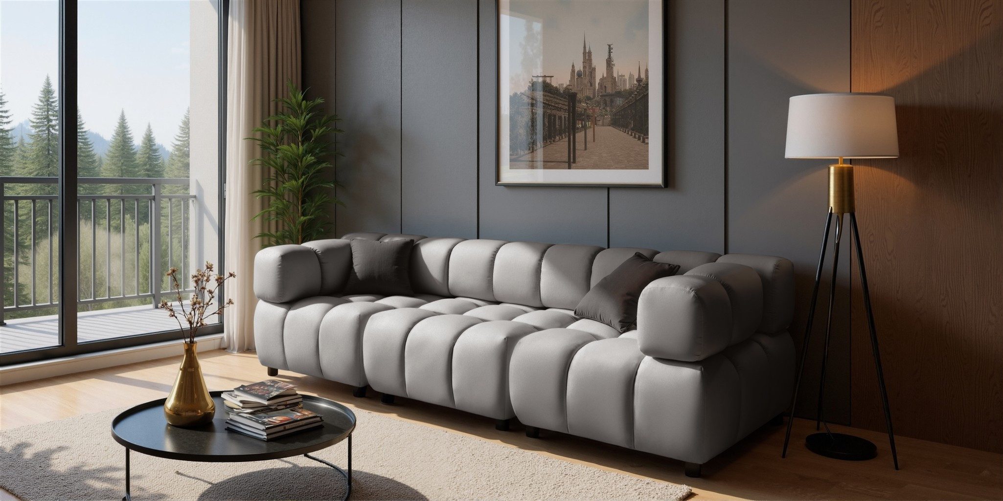 Fun Möbel 3-Sitzer Designersofa 3-Sitzer FUN MANOLO in Velourstoff (Bluvel), mit Hocker zum Ecksofa erweiterbar, Rundumbezug