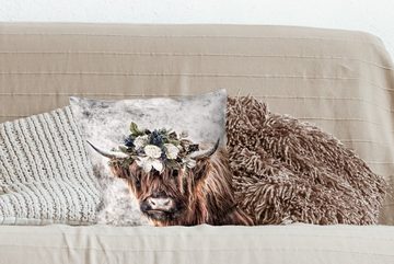 MuchoWow Dekokissen Schottischer Highlander - Schottische Kuh - Blumen, Zierkissen mit Füllung für Wohzimmer, Schlafzimmer, Deko, Sofakissen