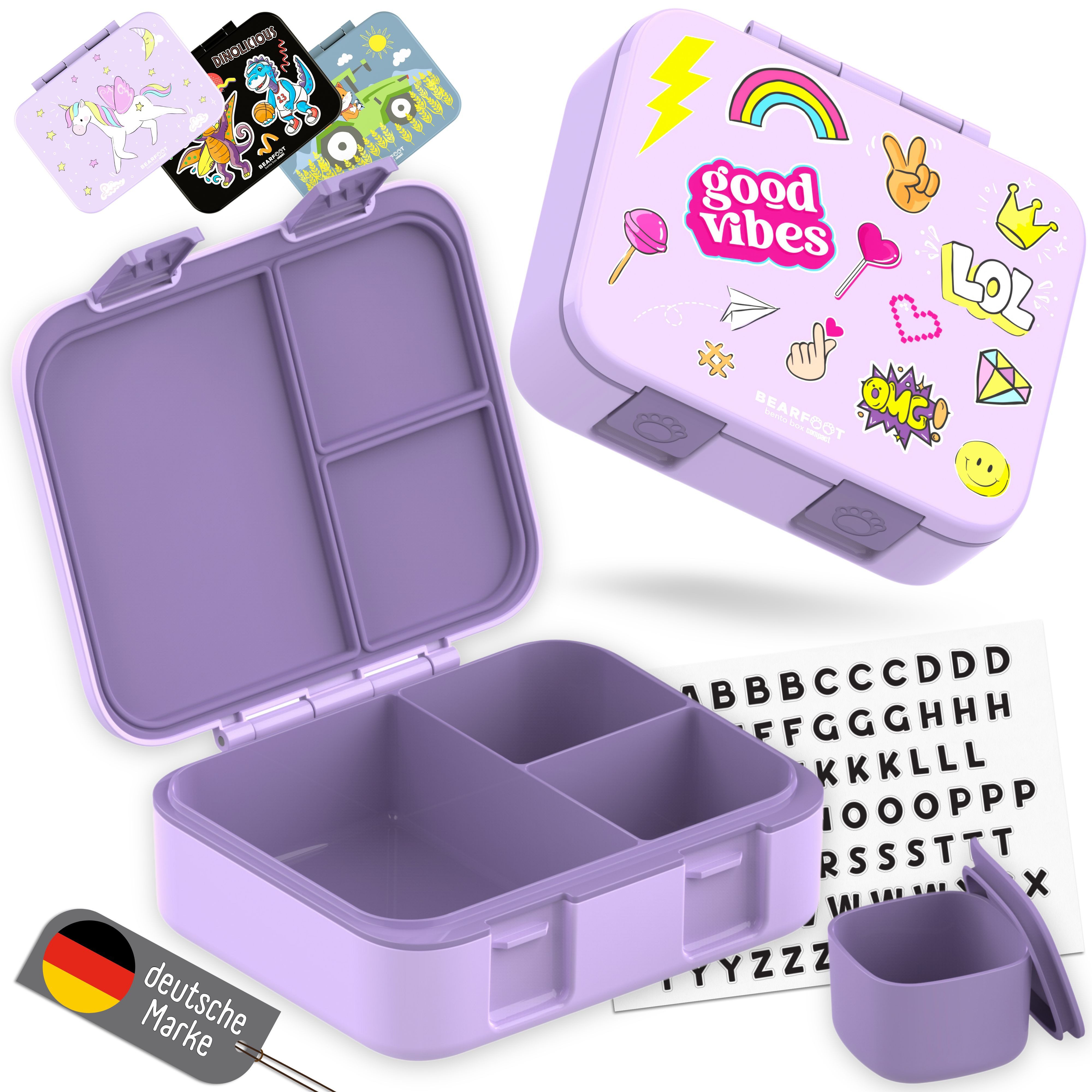 BEARFOOT Lunchbox Brotdose mit Fächern, leicht & auslaufsicher - Sticker lila, PP, ABS, Silikon, Kindergarten und Schule - Mädchen und Jungen, Vesperbox, Snackbox
