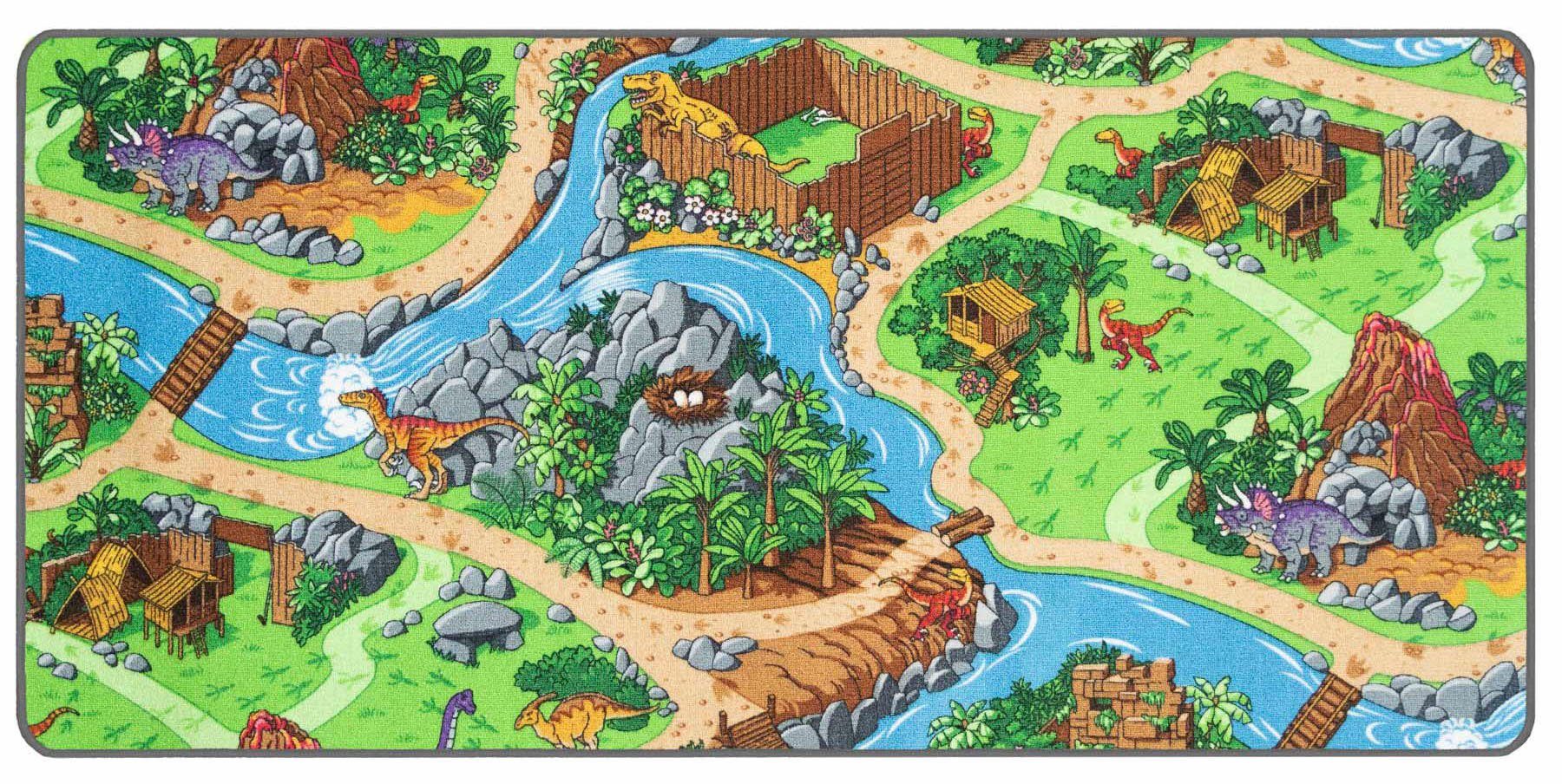 Primaflor-Ideen in Textil Kinderteppich DINO, Made in Belgium, rechteckig, Höhe: 6,5 mm, Straßen-Spiel-Teppich, Motiv Dinosaurier, Kinderzimmer
