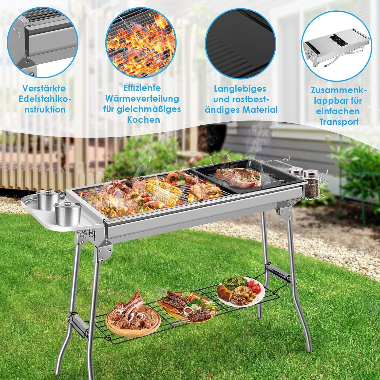 TLGREEN Holzkohlegrill XXL,118*33 *72cm, Klappgrill, BBQ Charcoal Grill, Grill mit Antihaft-Pfanne, Aufbewahrungskorb&Aufbewahrungsplatte, Campinggrill, Picknickgrill für 5-10 Personen