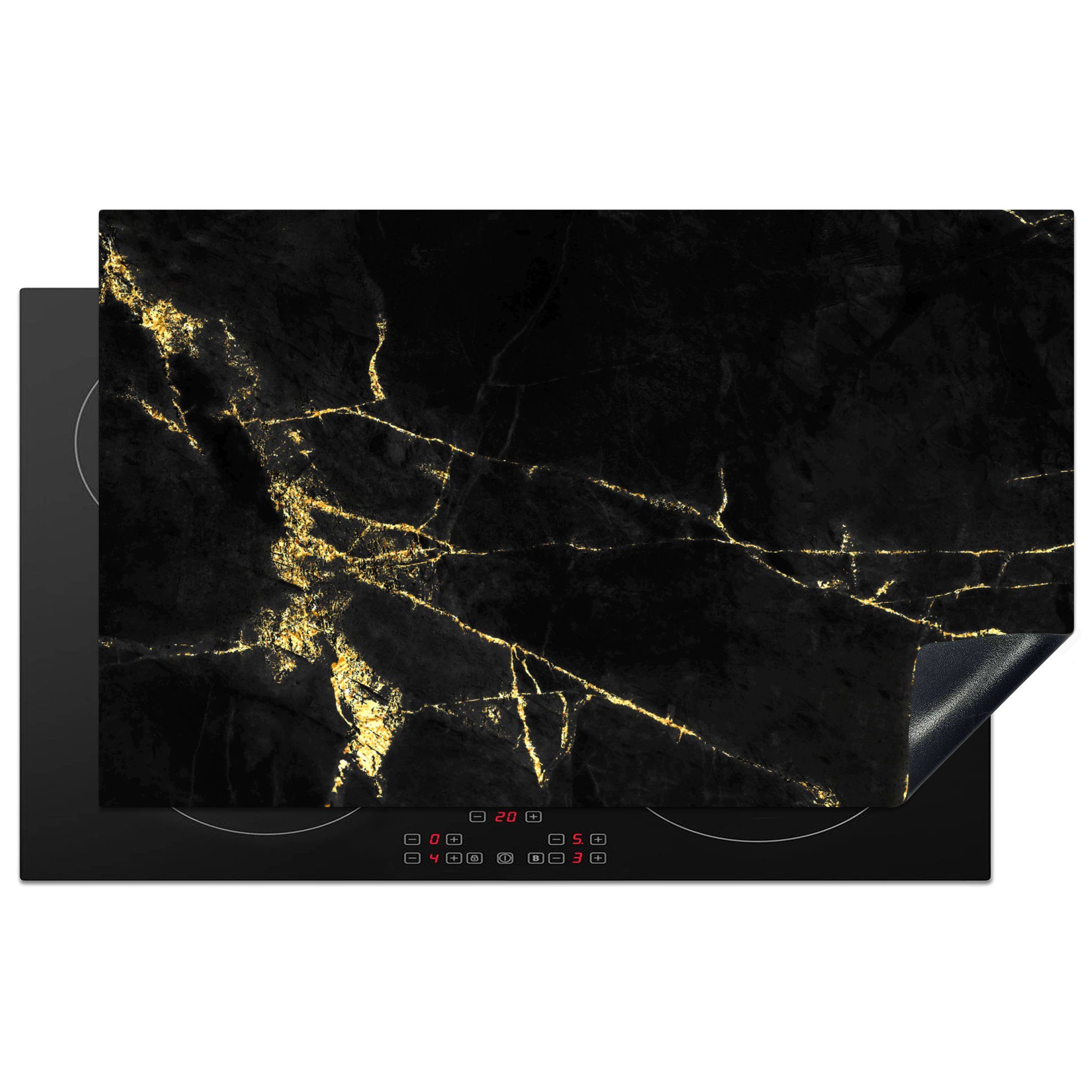MuchoWow Herd-Abdeckplatte Marmor - Schwarz - Gold - Luxus, Vinyl, (1 tlg), Herdplattenabdeckung für Ceranfeld, Herdplatten Vinyl, 83x51 cm